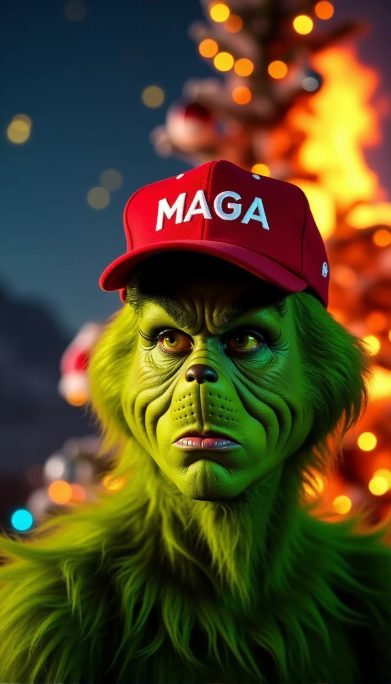 <lora:Grinch:0.9> grinch, a green furry man wears a red baseball cap with the text "MAGA". He stands in front of a burning chrismas tree