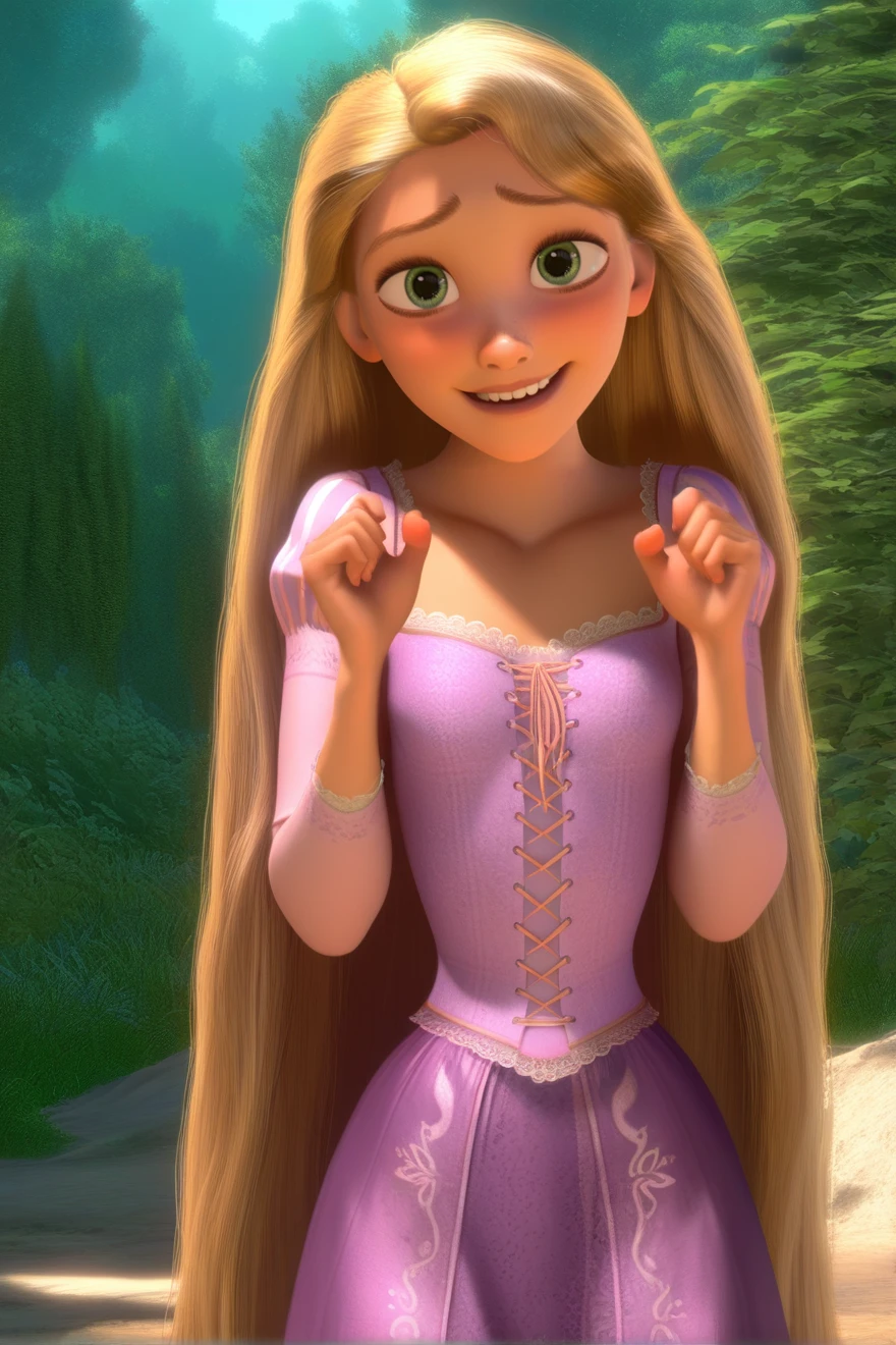 1girl, solo, newest, very long hair, blonde hair, green eyes, pov, highres, dress, innocent, nervous smile, sexy pose, blush, horny, aroused, embarrassed, teen, small breasts, from front, centered, girl focus, outdoors, forest, (light freckles:0.8), looking at viewer, young, cowboy shot, curvy, textured skin, (best finished, amazing quality, best quality:1.1), uncensored, shiny skin, (high budget, photorealistic:1.1), masterpiece, very aesthetic, amazing body, intricate, very detailed, pleasing, <lora:Tangled_Rapunzel (1):1>