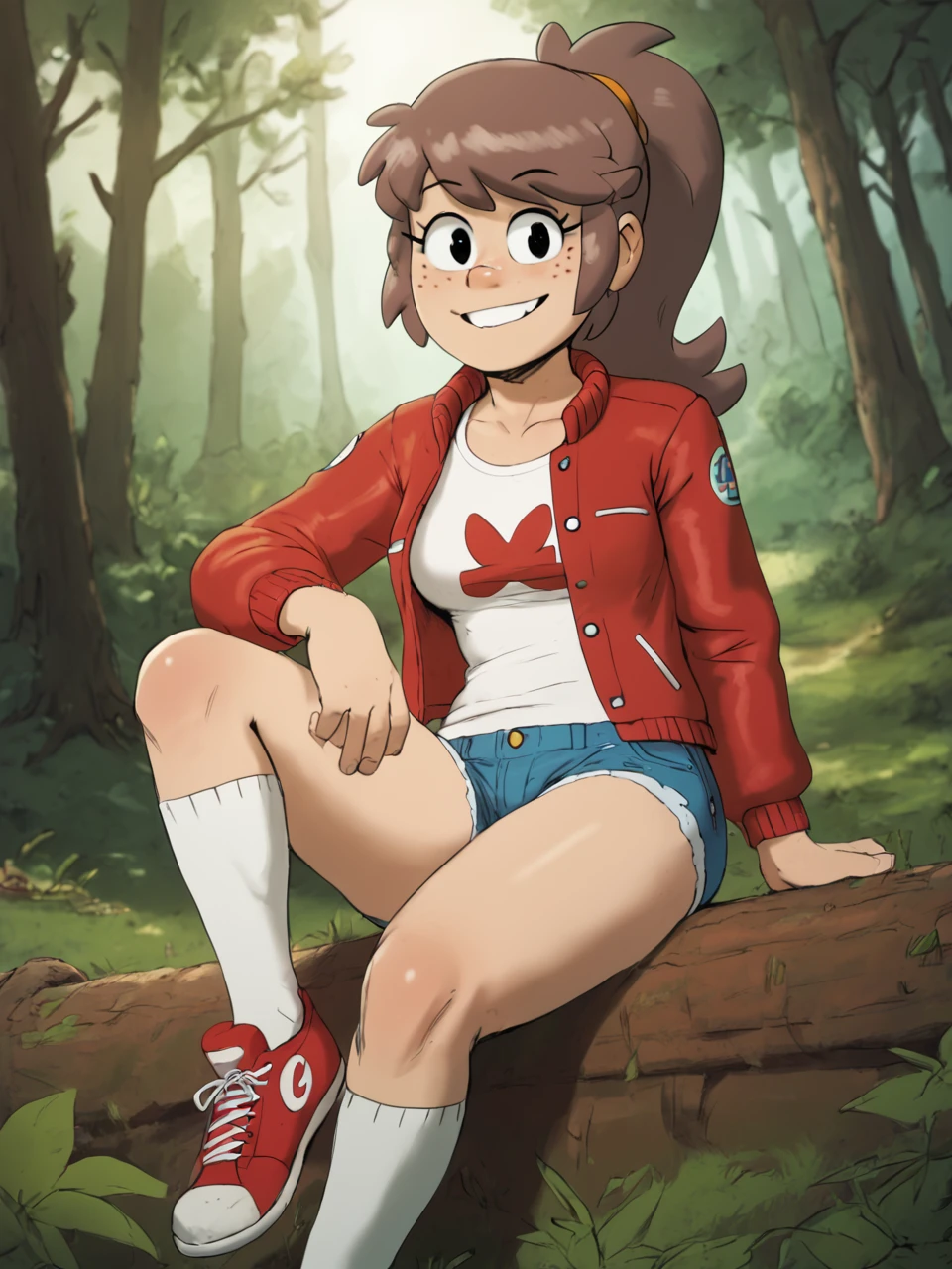 score_9, score_8_up, score_7_up, BREAK,  L4cyL0ud, 1girl, solo, long hair, brown hair, ponytail, freckles, white shirt, red jacket, denim shorts, white socks, red sneakers,  smile, looking at viewer, sitting, forest  <lora:Lacy_Loud:0.8>