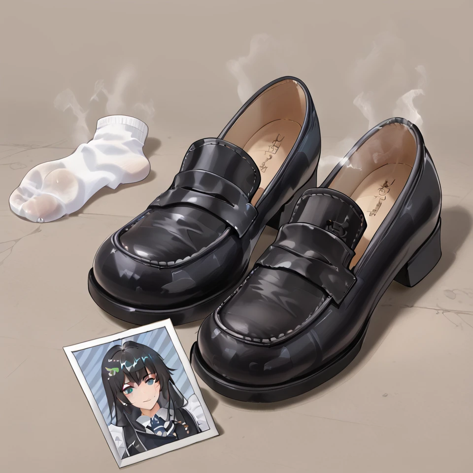 <lora:Stinky_ShoesSocks:0.8> stenki, no humans, stinky, shoes, insoles, socks, girls picture on shoe, loafers