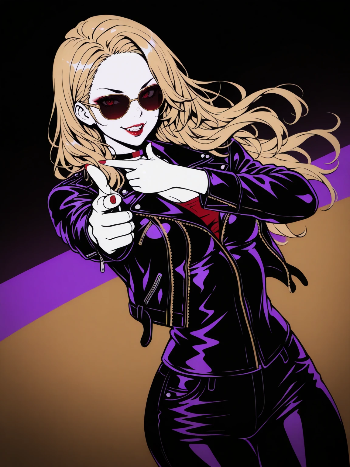 masterpiece, best quality, leather jacket,gold theme, dark theme,purple theme, limited color palette,lineart, dark (theme),smile,cowboy shot,teeth,puffy lips, red lipstick,finger gun,pointing at viewer,solo,1girl,dutch angle,
 <lora:edgNadiaILS:1> edgnadia, blonde, sunglasses, choker, long hair, breasts