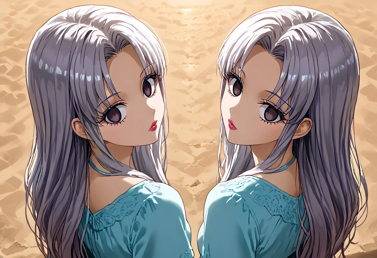 anime, empty eyes, hypnotized, lipstick, glossy lips, two females, adult, casual dress, long hair, twins, close up, ss_highangle, from behind, from above, pov, dynamic angle, look back