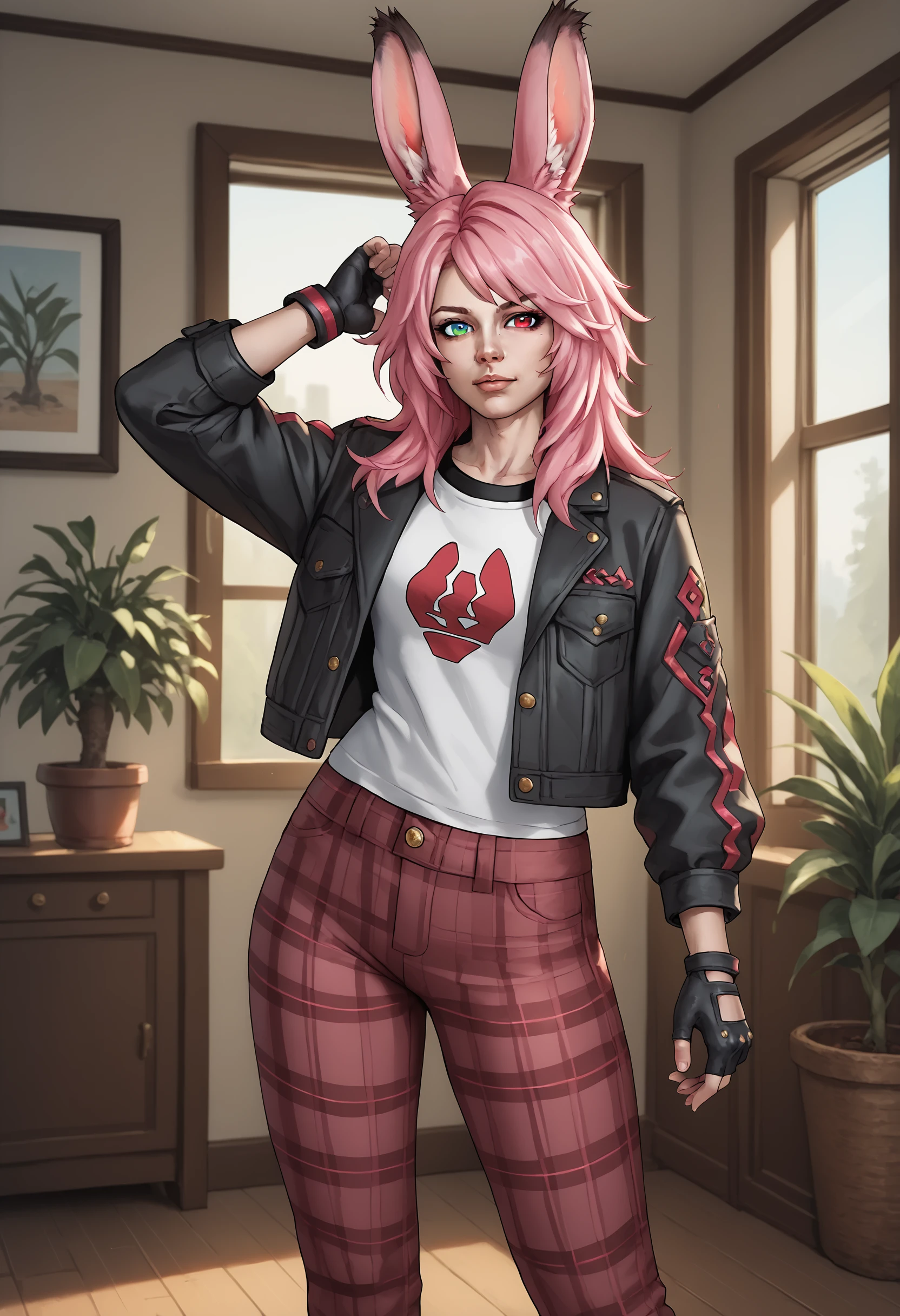 PonyXLV6_Scores 1girl, animal ears, arm up, fingerless gloves, gloves, green eyes, heterochromia, indoors, jacket, looking at viewer, pants, pink hair, plaid, plaid pants, plant, potted plant, rabbit ears, red eyes, solo, standing, viera, window