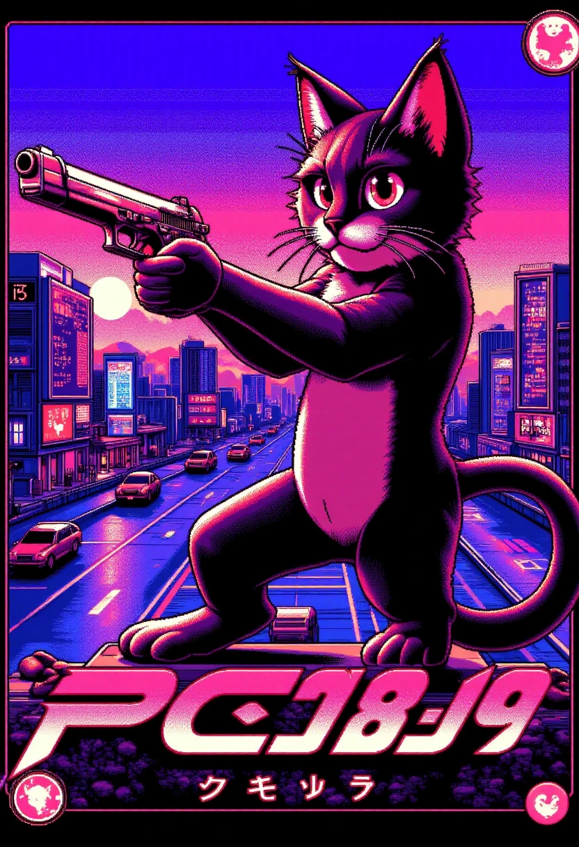 <lora:PC-98_Style_FLUXCaption:0.9>
The image is a vibrant, pc98style pixelated digital artwork of a game cover for the game "PC-98 Style" with a depiction of a cat holding pistol in paws, aiming it at the viewer. Cyberpunk future Japan city background.