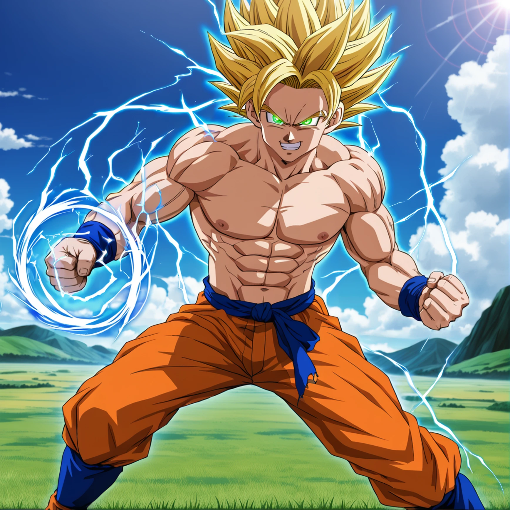 son_goku,son goku,anime screenshot,energy aura,detailed eyes,green eyes,pupils,glowing eyes,eye reflection,clenched hands,
1boy,abs,blue footwear,boots,fighting stance,grey eyes,blonde glowing hair,super saiyan,spiked  hair,male focus,orange pants,pants,simple background,solo,spiked hair,topless male,torn clothes,torn pants,ultra instinct,white background,highres,dragon ball,dragon ball super,anime++,bold outline,cel-shaded coloring,shounen,seinen,energy ball,smirk,
grass field and cliffs in background,clouds,sky,hands,