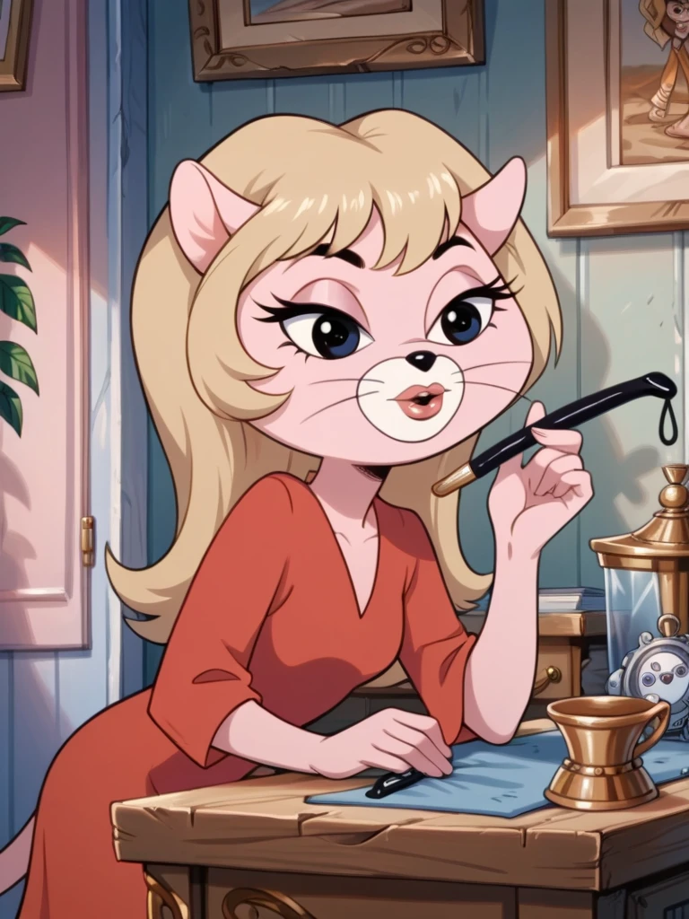 score_9, score_8_up, score_7_up, score_6_up, score_5_up, score_4_up, source_furry, Kitty_Glitter, blonde hair, long hair, pink fur, red dress, bedroom, vanity table, applying makeup, detailed face, detailed eyes, detailed background, <lora:kitty-glitter-v1:1.0>