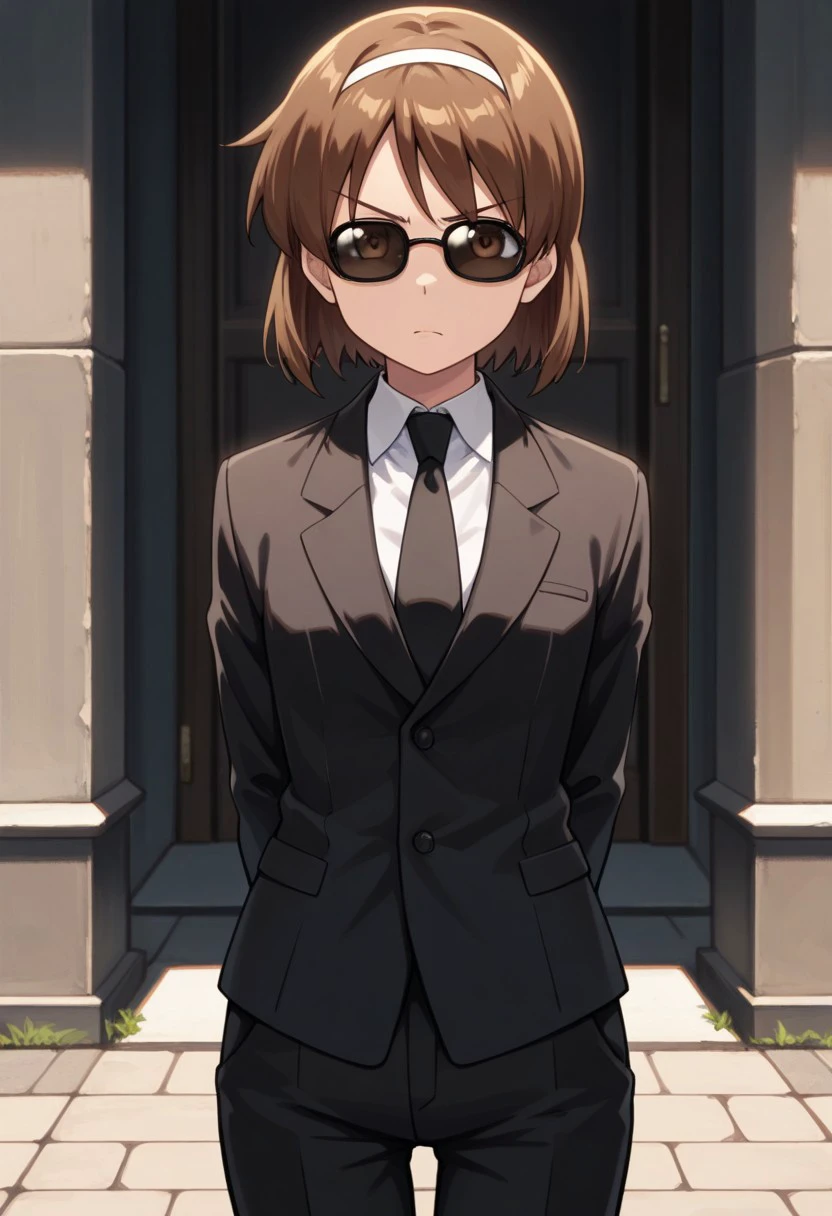 masterpiece, best quality, 
sanae, 1girl, solo, brown eyes, brown hair, hairband, short hair, sunglasses, formal, suit, shirt, white shirt, collared shirt, necktie, black necktie, jacket, black jacket, long sleeves, pants, black pants, serious, hands behind back,
outdoor,