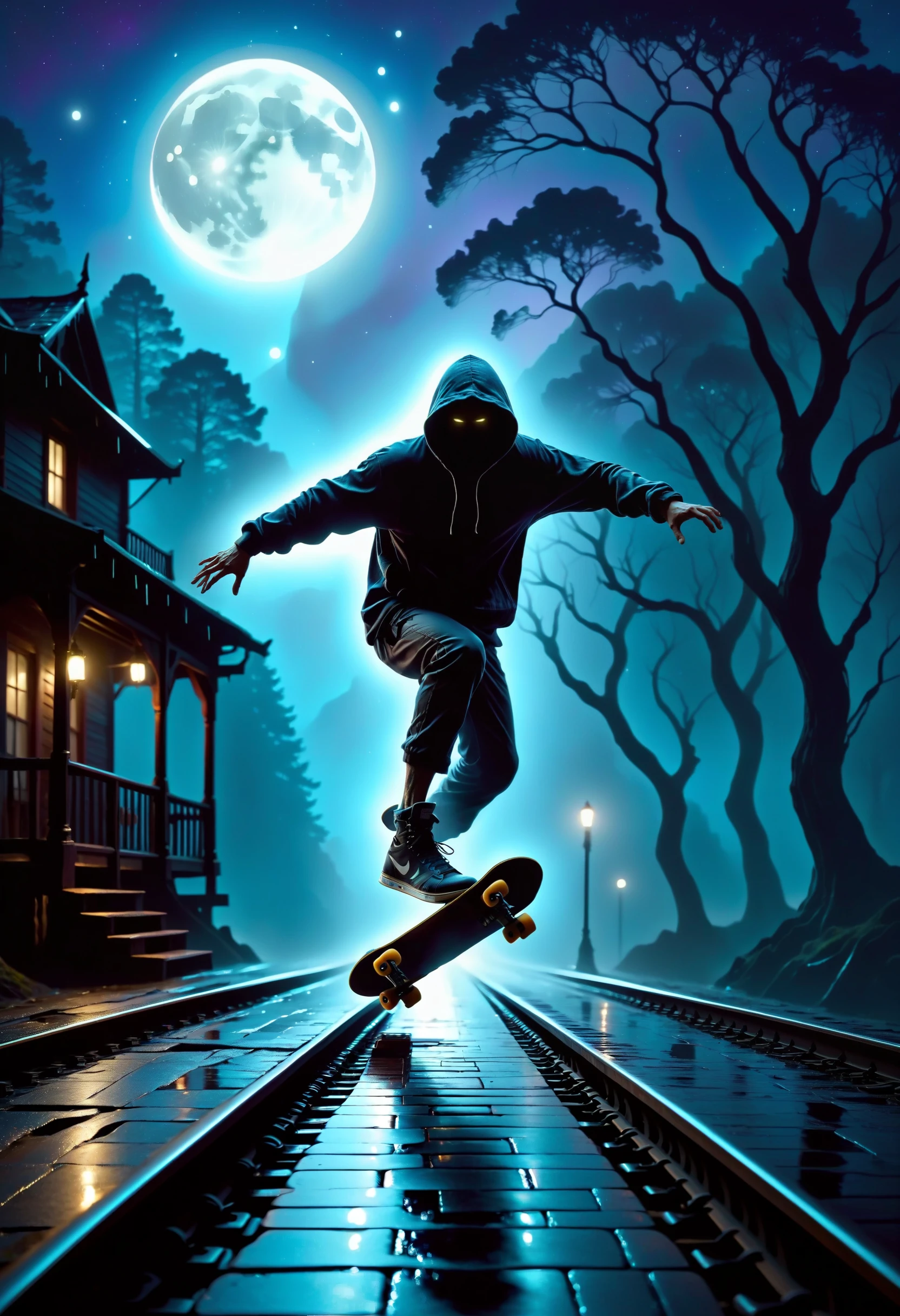 Masterpiece, best quality, newest, absurdres, highres, improved
A semi-realistic 2.5D depiction of a skateboarder gliding effortlessly along moonlit railroad tracks, surrounded by a misty, surreal atmosphere. The scene captures the glow of a full moon illuminating the metallic sheen of the tracks, casting long, soft shadows and creating a silvery, dreamlike light. The skateboarderâs silhouette is highlighted with subtle detailsâbaggy clothes flowing with motion and a confident stance that exudes freedom. A faint, swirling mist rises from the ground, blending with the cool blues and purples of the night. The environment is quiet and ethereal, with distant trees framing the railroad and stars scattered across the sky, adding a serene, otherworldly vibe.
Torrential rain pours relentlessly, cascading off moss-covered rooftops and pooling on cobblestones, while mist swirls between the twisted pines of the mountain village. Dim lanterns flicker erratically, casting fractured light and dancing shadows across the scene, amplifying its moody, cinematic atmosphere. Her chest rises and falls slowly, each breath a testament to her resilience, as glowing droplets catch the lantern light like falling stars. The interplay of rain, shadows, and glowing tattoos blends surrealism and raw emotion, creating a hauntingly ethereal composition steeped in feminine strength and somber beauty