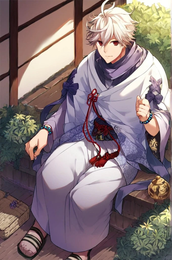 score_9,score_8_up,score_7_up,score_6_up,score_5_up,score_4_up,1boy,Yakushi,red eyes,purple bow,poncho,wide sleeves,belt,bead bracelet,gold anklet,sandals,sitting,<lora:Yakushi_pony:1>,