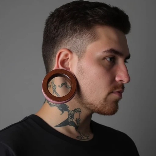 A photo of a handsome young man from the side. He has multiple facial piercings and large stretched ears. He wears large wooden ear plugs.