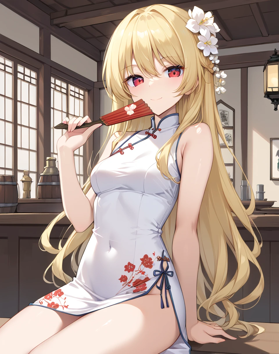 yue_arifureta, blonde hair, long hair, red eyes, dress,  white dress, china dress, chinese clothes, flower, bare shoulder, sleeveless BREAK indoors, tavern BREAK  looking at viewer, sexy face, sexy smile,  holding fan, , folding fan, shand fan,  BREAK score_9, score_8_up, score_7_up, source_anime ,zPDXL, perfect hand,  <lora:Yue:0.8>