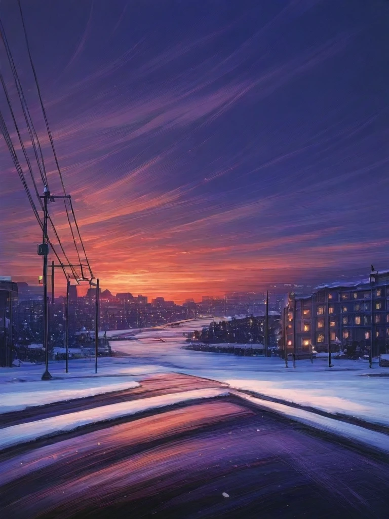 a young woman laying down in the street,a bridge at the back ground,snow in the floor, building, city, city lights, cloud, cloudy sky, lamppost, outdoors, power lines, road, scenery, sky, sunset, utility pole, water,art painterly effect,brush stroke, <lora:Alena_Aenami_Art_Style-GMR:1>