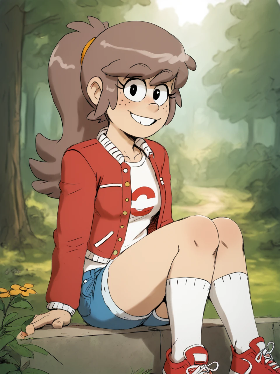 score_9, score_8_up, score_7_up, BREAK,  L4cyL0ud, 1girl, solo, long hair, brown hair, ponytail, freckles, white shirt, red jacket, denim shorts, white socks, red sneakers,  smile, looking at viewer, sitting, forest  <lora:Lacy_Loud:1>