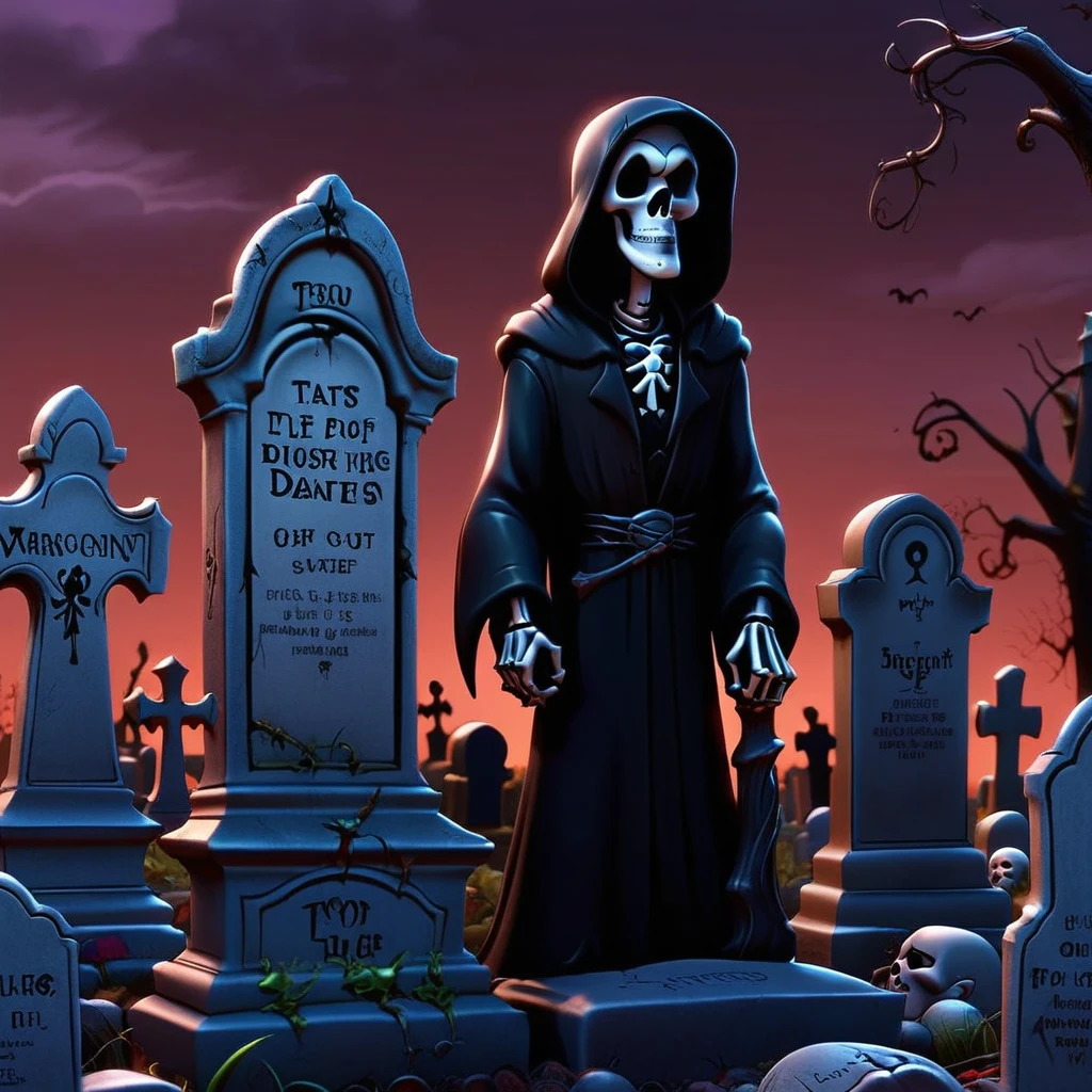 grave yard, dusk, evening, standing, Toon Reaper, sitting on tombstone,