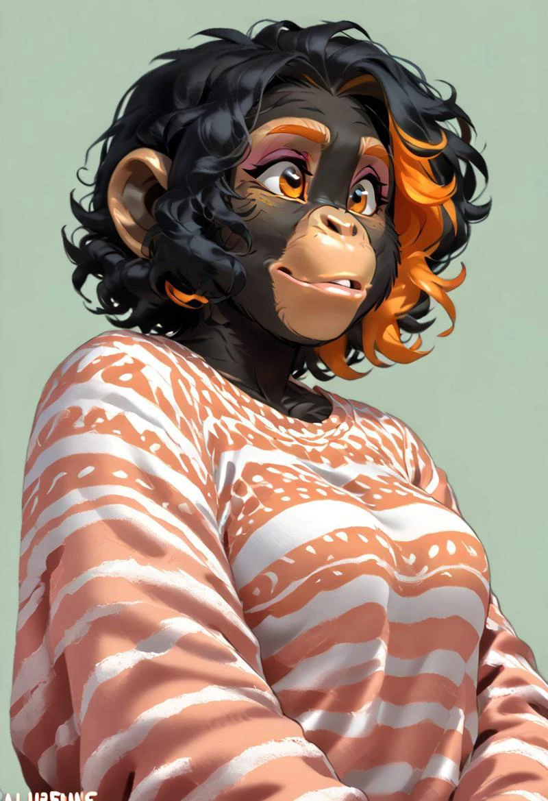 score_9, score_8_up, score_7_up, (by kittydee:1.5), (by jailbird:1.5), (by zummeng:1.5), masterpiece, best quality, solo,
(Furry Art: Anthro: chimpanzee:1.5), 1girl, expressive eyes, feminine eyes, perfect face, feminine face, primate, black fur, big ears, (black hair with pastel orange highlights:1.5), curly hair, bob cut hair, medium breasts, americana clothing,