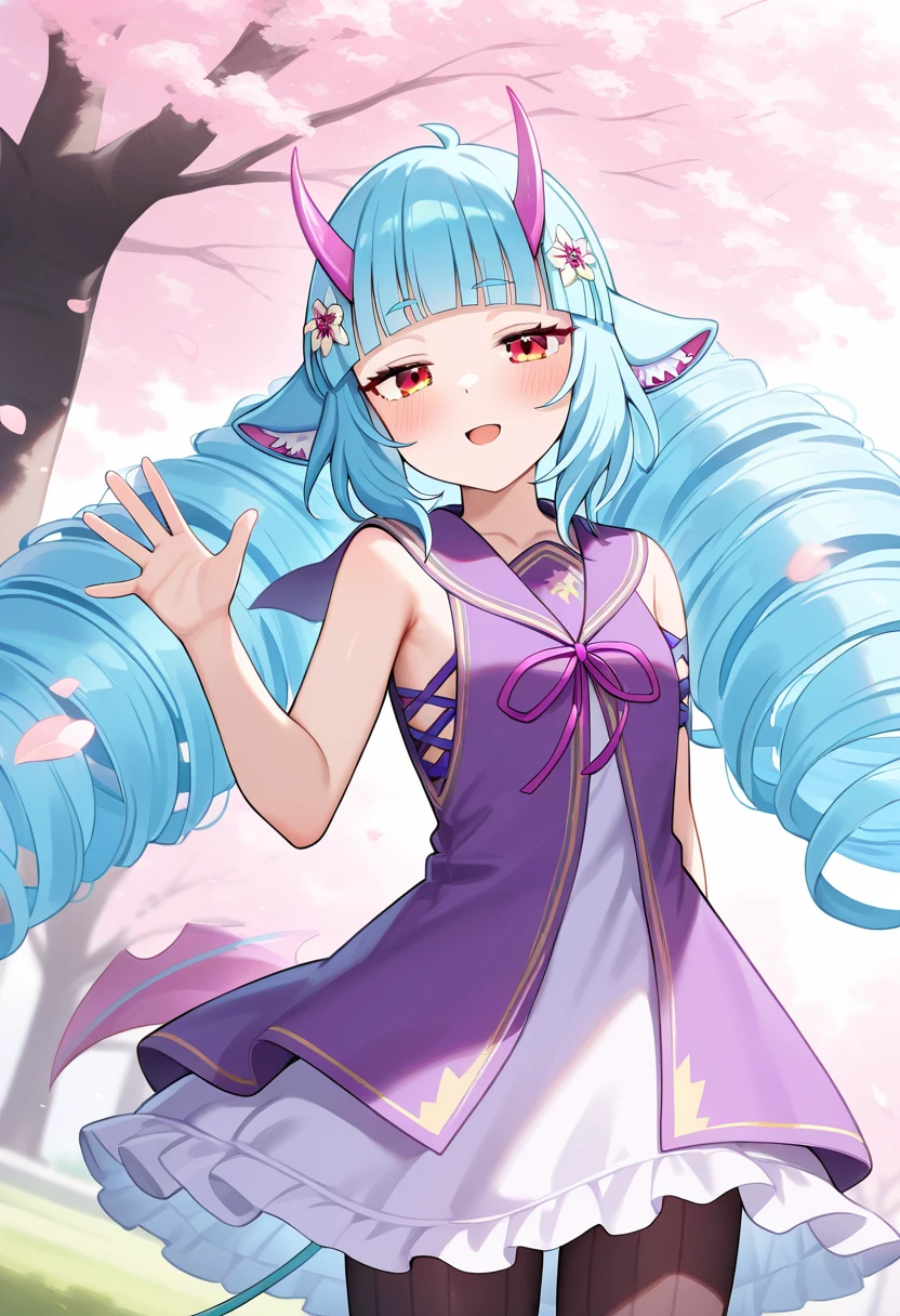 masterpiece,best quality,1girl,solo,delmin_(show_by_rock!!),very long hair,drill hair,blue hair,twin drills,blunt bangs,red eyes,horns,animal ears,hair ornament,tail,dress,sailor collar,sleeveless,pantyhose,<lora:derminil:0.9>,cowboy_shot,park,smile,dynamic_angle,looking_at_viewer,standing,waving,in spring,petal,cherry blossoms,cherry tree,half-closed eyes,Slightly_open_mouth,wind,fluttering,arm_behind_back,