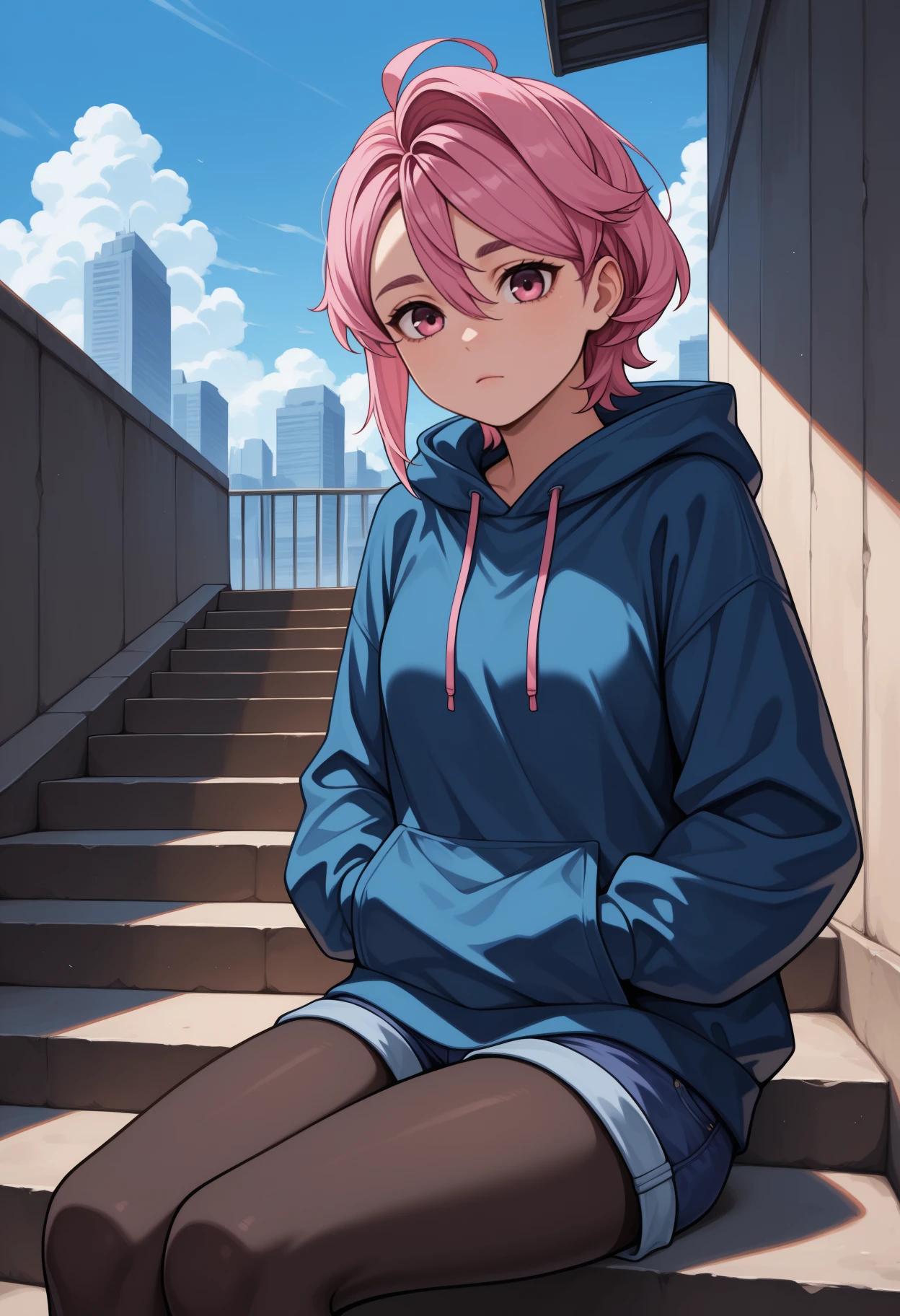 masterpiece, best quality, <break> solo, 1girl, shirat0ri, expressionless, looking at viewer, sitting, stairs, hands in pockets, short hair, pink hair, hair between eyes, pink eyes, blue hoodie, hood down, drawstring, long sleeves, blue shorts, denim shorts, black pantyhose, outdoors, blue sky, cloud, cityscape
<segment:yolo-Anzhc Face seg 640 v2 y8n.pt,0.4,0.5//cid=1>