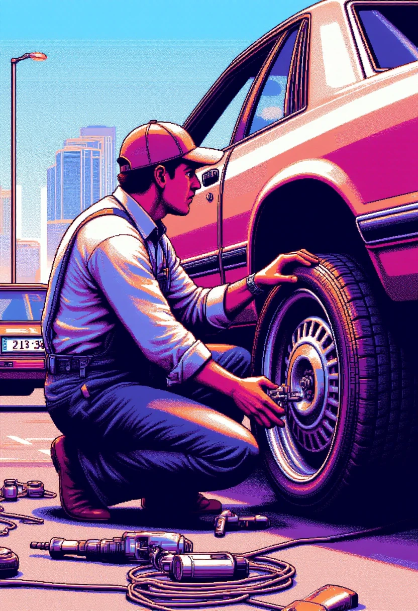 <lora:PC-98_Style_FLUXCaption:0.9>
The image is a vibrant, pc98style pixelated digital artwork of  a mechanic changing the tire of a car