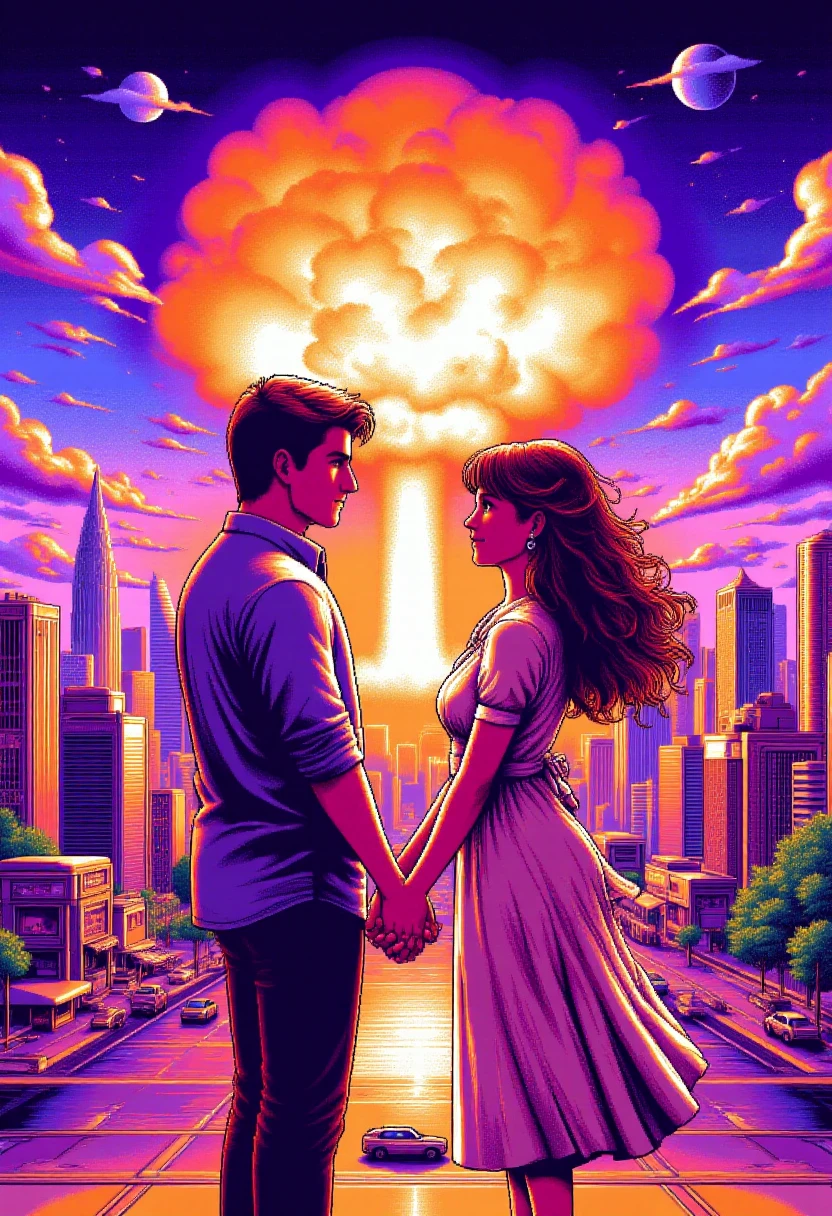 <lora:PC-98_Style_FLUXCaption:0.9>
The image is a vibrant, pc98style pixelated digital artwork of  A man and a woman holding hands, with a nuclear mushroom cloud in the city background