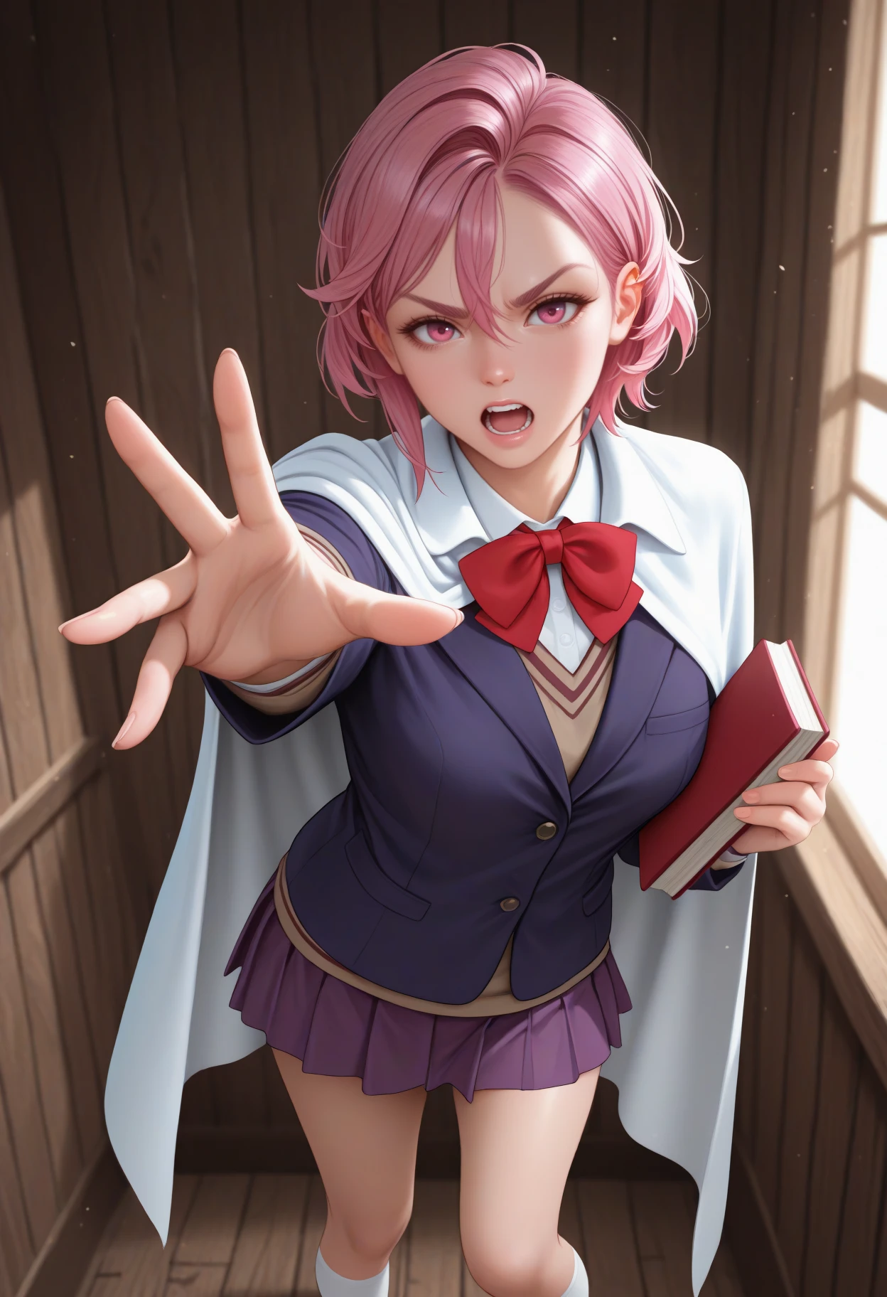 masterpiece, best quality, realistic, <break> solo, 1girl, shirat0ri, open mouth, teeth, looking at viewer, standing, holding book, outstretched arm, reaching towards viewer, short hair, pink hair, hair between eyes, pink eyes, v-shaped eyebrows, white cloak, school uniform, blue jacket, blazer, long sleeves, brown sweater, white shirt, collared shirt, red bowtie, purple skirt, pleated skirt, miniskirt, white socks, kneehighs, indoors, wooden wall
<segment:yolo-Anzhc Face seg 640 v2 y8n.pt,0.4,0.5//cid=1>