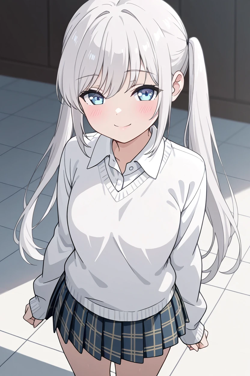 masterpiece, best quality, 1girl, solo, blue eyes, white hair, twintails, sidelocks, closed mouth, smile, looking at viewer, collared shirt, blush, sweater, long sleeves, sleeves past wrists, plaid skirt, blurry, tile floor, pleated skirt, white shirt, cowboy shot, smile, looking at viewer,  <lora:ShoujoRamuneIXL:1.0>,