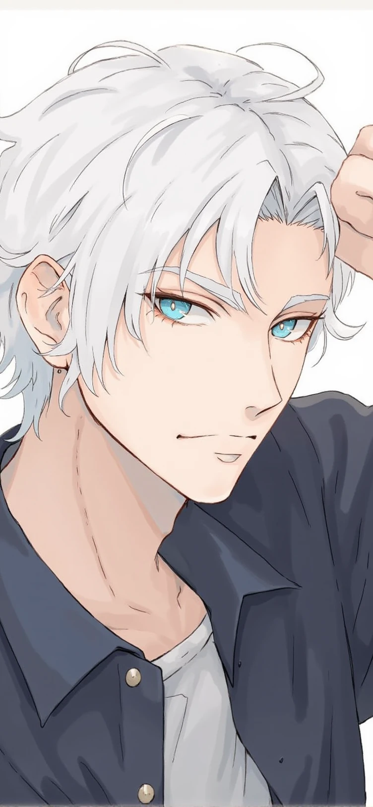 An anime-style illustration.  a handsome man with white hair, and blue eyes