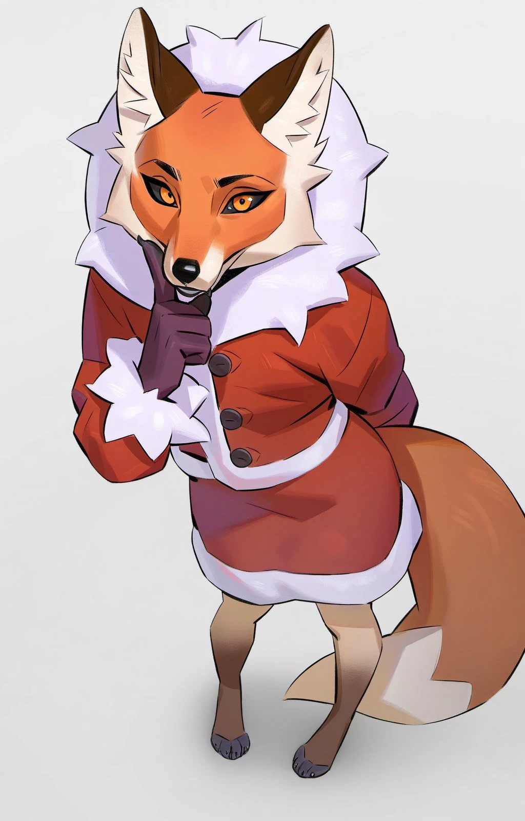 masterpiece, best quality, <lora:alice_the_vixen_obsession_v1:1> alice_the_vixen, solo, looking at viewer, simple background, long sleeves, white background, 1boy, gloves, animal ears, standing, jacket, tail, full body, male focus, hand up, orange eyes, fur trim, fox ears, fox tail, from above, fox girl, furry, index finger raised, brown gloves, colored sclera, arm behind back, santa costume, furry female, fur-trimmed jacket, black sclera, body fur, fur-trimmed sleeves, brown fur, fox, orange fur