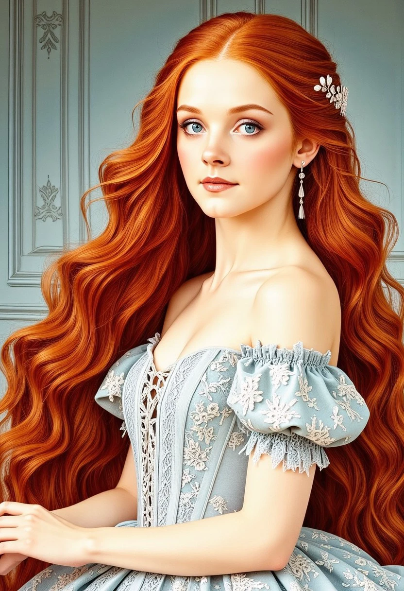 young woman, extremely long red copper hair down to hips, light blue eyes, wearing an elegant, off-the-shoulder white wedding gown with a lower neckline, intricate floral lace appliqués adorned the bodice and cascaded down the full, voluminous skirt, long lashes, pink lips, ultra feminine, semi-realistic, art by Moebius