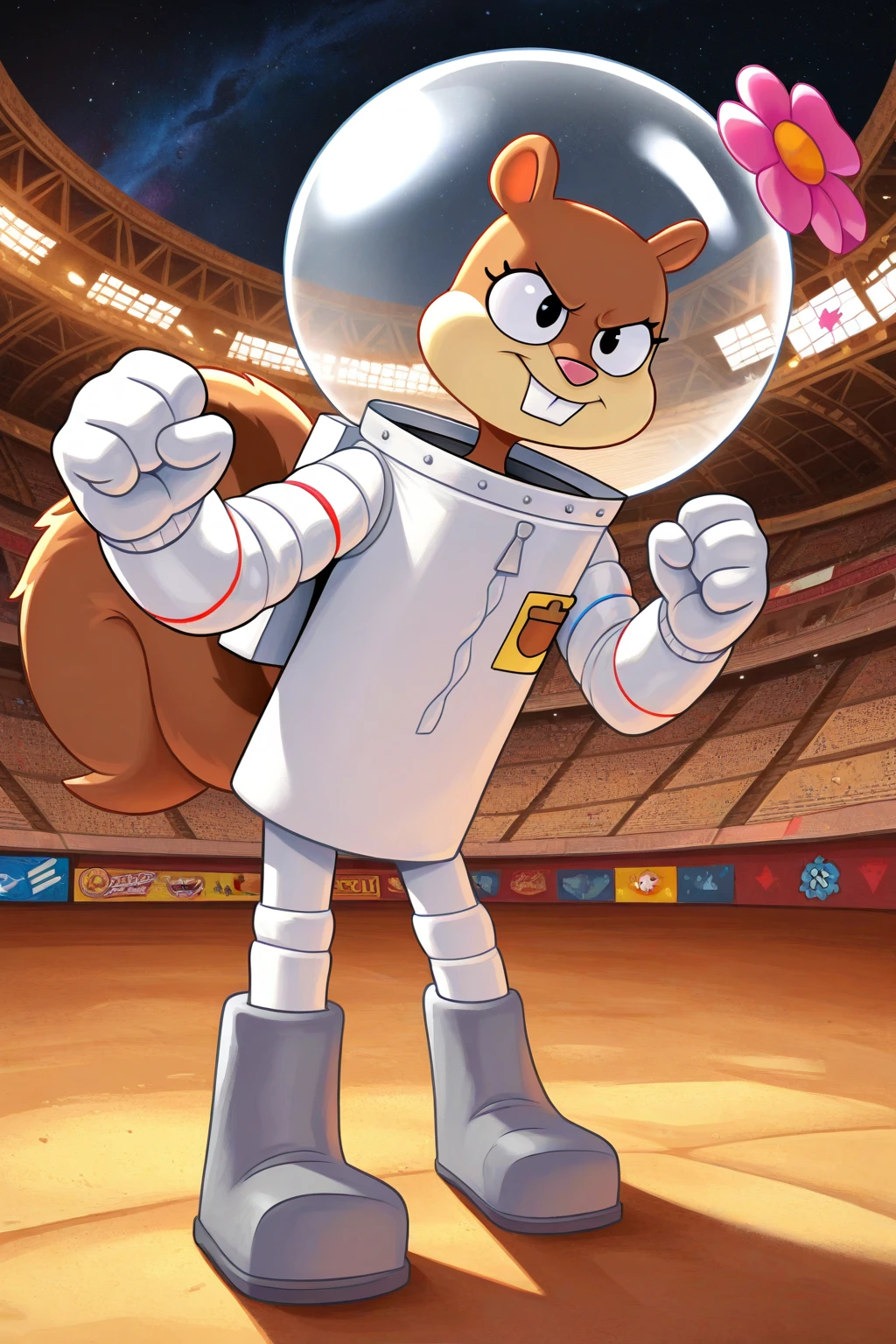 masterpiece, best quality, amazing quality, absurdres, sandycheeks, 1girl, furry female, brown fur, squirrel girl, squirrel tail, solo, smile, serious, confident, fighting stance, pink flower, space helmet, white spacesuit, grey boots, outdoors, stadium, arena, colosseum