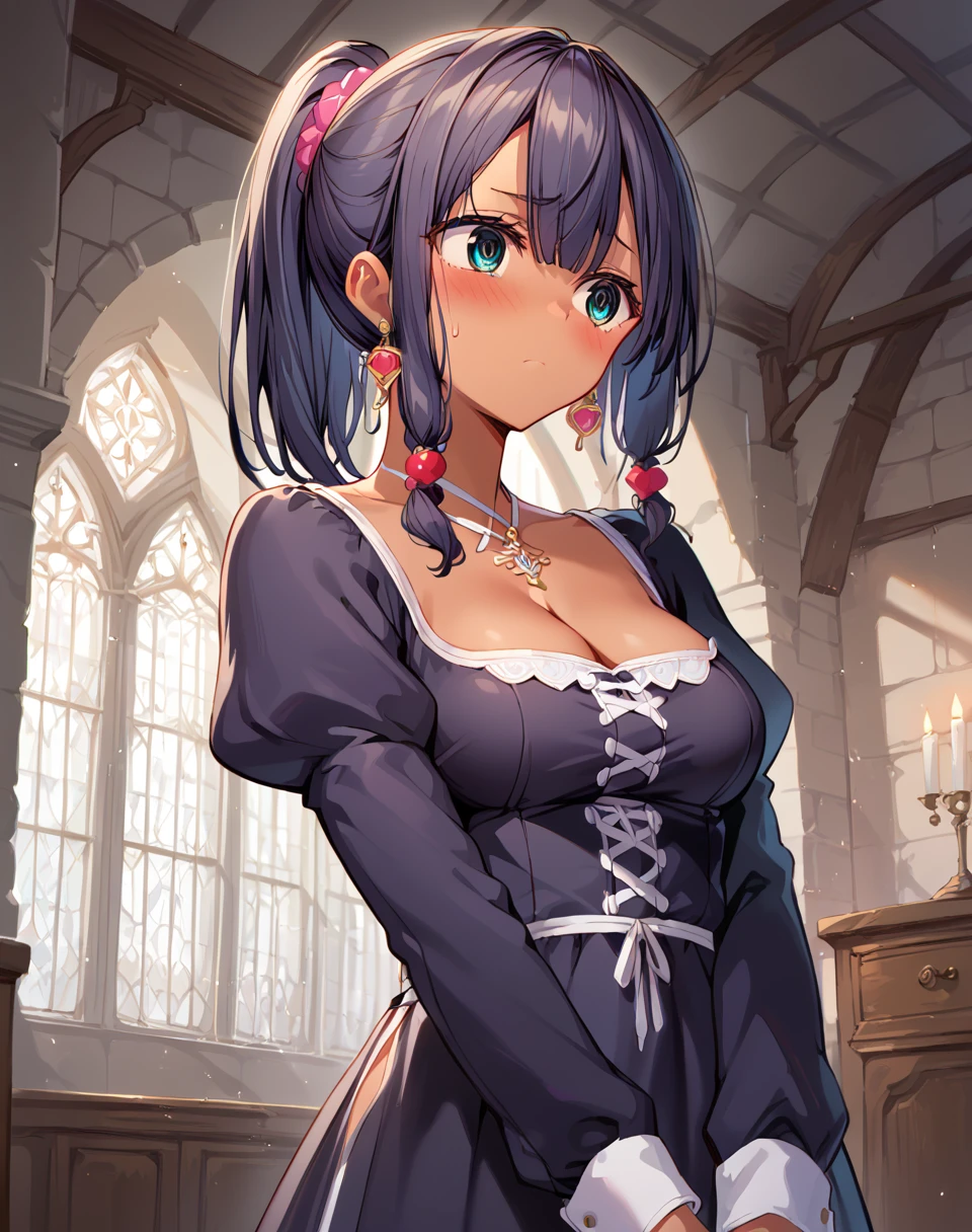 yuui_laika, black hair, medium hair, ponytail, aqua eyes, dark-skinned female, dark skin, jewelry, earrings, black dress, medium breasts, cleavage, puffy sleeves BREAKindoors,medieval, royal room , BREAK looking away, embarassed, blush, fidgeting, shy,  BREAK score_9, score_8_up, score_7_up, source_anime ,zPDXL, <lora:Yuui_Laika-000017:0.8>