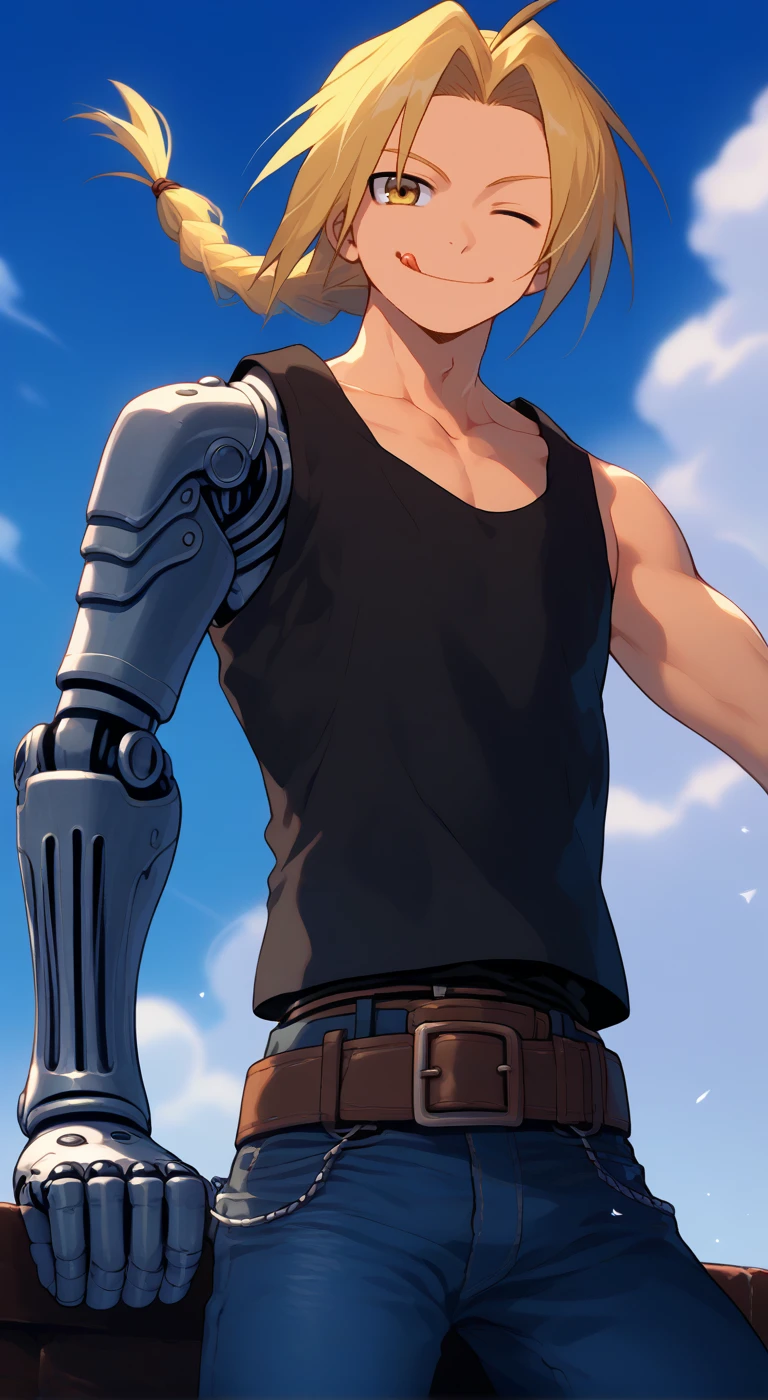 1boy,solo,male focus,lighter,edward elric,blonde hair,yellow eyes,long hair,ahoge,braided ponytail,single mechanical arm,black tank top,belt,jeans,smile,sky blue,smile,toned male,collarbone,naughty face,aged_up,one eye closed,tongue out,close-up