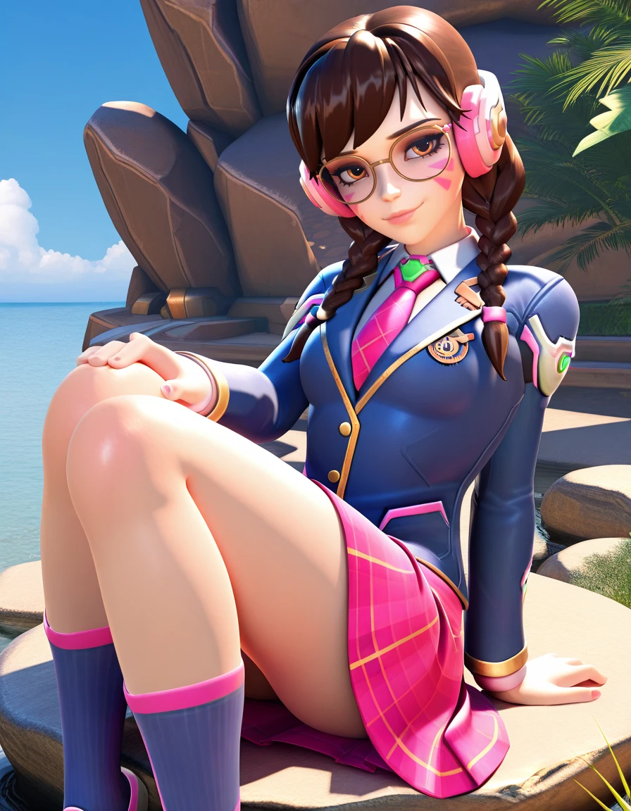 Masterpiece, high-res, 2k, best quality,   1 girl  , 3d,  d.va (overwatch), academy dva  , glasses,  <lora:dva academy illus-000040:1>  Sitting on a rock or boulder looking peaceful