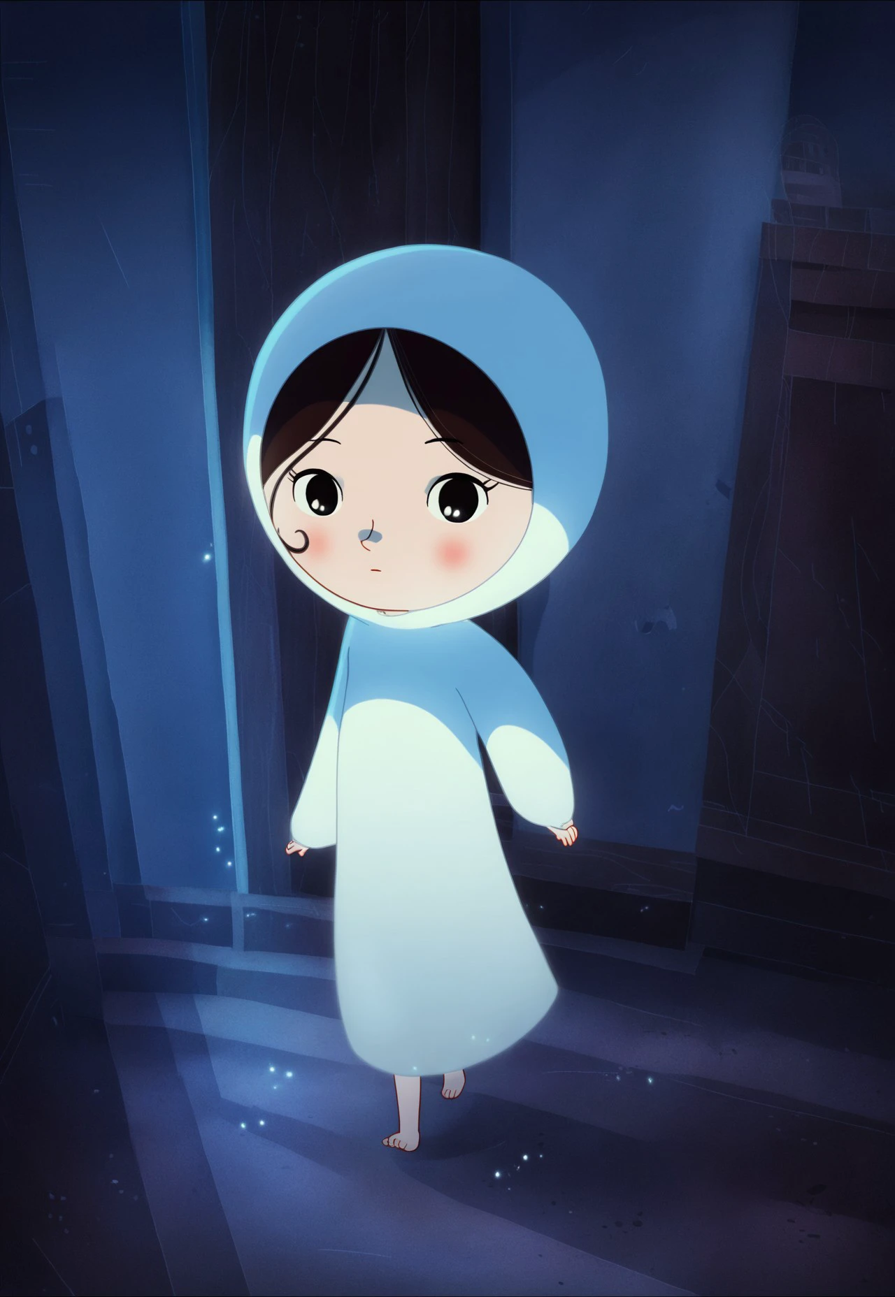 zPDXL3, source_cartoon, Perfect Hands, full body, 1girl, solo, saoirse, black hair, black eyes, blush, ghost, short hair, (hood down:1.3), hood off, barefoot, dynamic angle, indoors, empty hallway, glowing, magical, walking towards you, (detailed backbround:1.3)