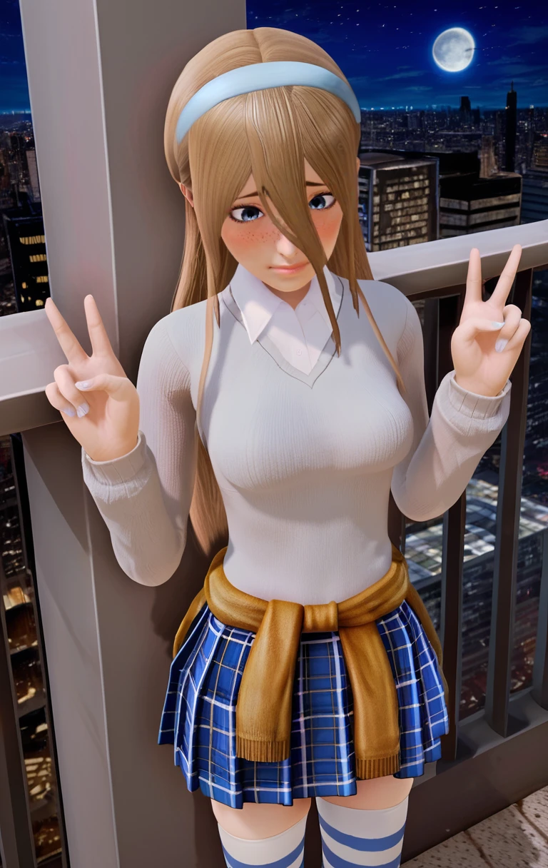 (a photo of HanaHH:1.2), in the style of Harem Hotel, 3d, cgi, blonde hair, long hair, hair between eyes, hairband, pale blue eyes, freckles, medium breasts, HanaOutfit, sweater, striped thighhighs, sweater around waist, clothes around waist, plaid skirt, zettai ryouiki, shy, embarrassed, blushing, looking down, score_9, score_8_up, score_7_up, an 8k image of a girl (on a high rise balcony:1.2), cityscape, busy city, (night:1.2), moon, moonlight, (making a peace sign, peace sign:1.2), (skindentation:1.2), natural lighting, 8k, insane details, detailed face, zPDXL3, <segment:face,0.5,0.6//cid=1>