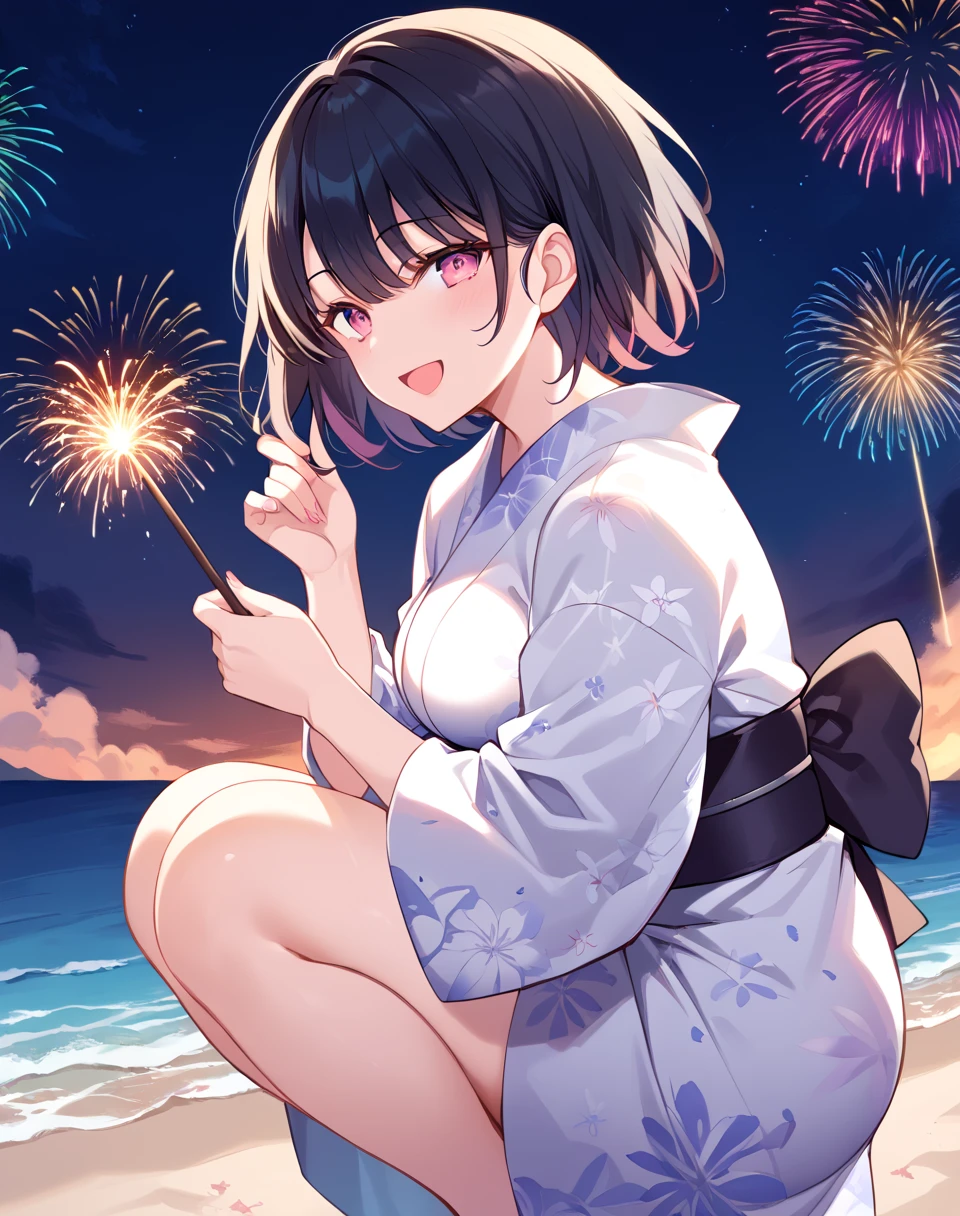 satou_koharu, black hair, short hair, pink eyes,  breasts, white kimono, flower pattern kimono BREAKoutdoors, beach, night fireworks BREAK sexy face, sexy smile, open mouth, cowboy shot, side view, squatting, sparkler BREAK score_9, score_8_up, score_7_up, source_anime ,zPDXL, perfect hand, <lora:Satou_Koharu:0.8>