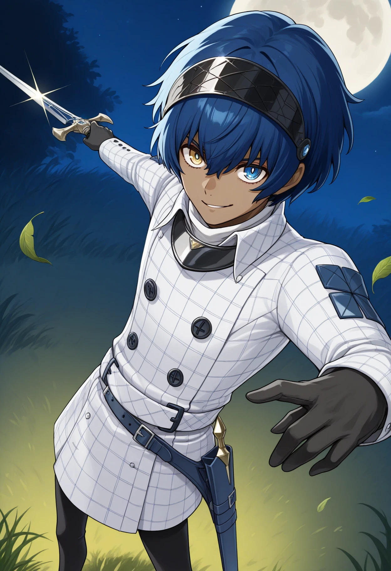 masterpiece, best quality, 1boy, holding sword, smirk, glint, incoming attack, foreshortening, looking at viewer, leaf, sheath, belt, <lora:ProtagonistMR-illu:1> dfProtag, blue hair, short hair, hair between eyes, black visor \(armor\), heterochromia, yellow eyes, blue eyes, dark-skinned male, plaid coat, collared coat, white turtleneck, long sleeves, black gloves, black leggings, night, full moon, grass, buttons