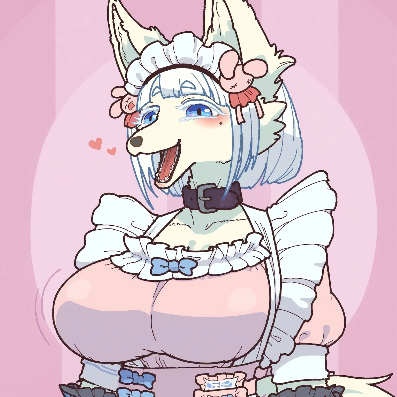 safe_pos, safe_pos, score_9, score_8_up, score_8. score_9, score_8_up, score_7_up, score_6_up, masterpiece, 4k, high quality, (best quality:1.1), ExpressiveH,
BREAK
1girl, dress, breasts, wrist cuffs, collarbone, happy, puffy sleeves, mole under eye, blue eyes, looking at viewer, facing viewer, front view, narrowed eyes, grin, fox ears, open mouth, frills, body fur, furry female, animal nose, pink dress, black glooves, hearts, Forming heart with fingers, tail, white hair, blue hair, blunt bangs, furry, animal ears, huge breasts, Arching back, (from chest up), bouncing breasts, pink background, portait, cute, blushing