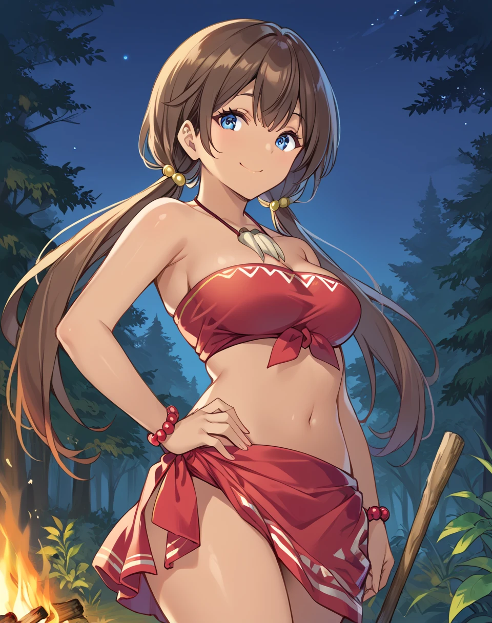 reina_ruu, brown hair, long hair, blue eyes, dark-skinned female, dark skin, low twintails,  bracelet, red tribe clothes, tribe top, strapless,tribe sarong, tusk necklace BREAK forest. campfire, night BREAK looking at viewer, standing, flirty face, closed mouth, sexy smile, hand on hips BREAK best quality, masterpiece,score_9, score_8_up, score_7_up, perfect hand, source_anime, rating_explicit, <lora:Reina_Ruu:0.8>