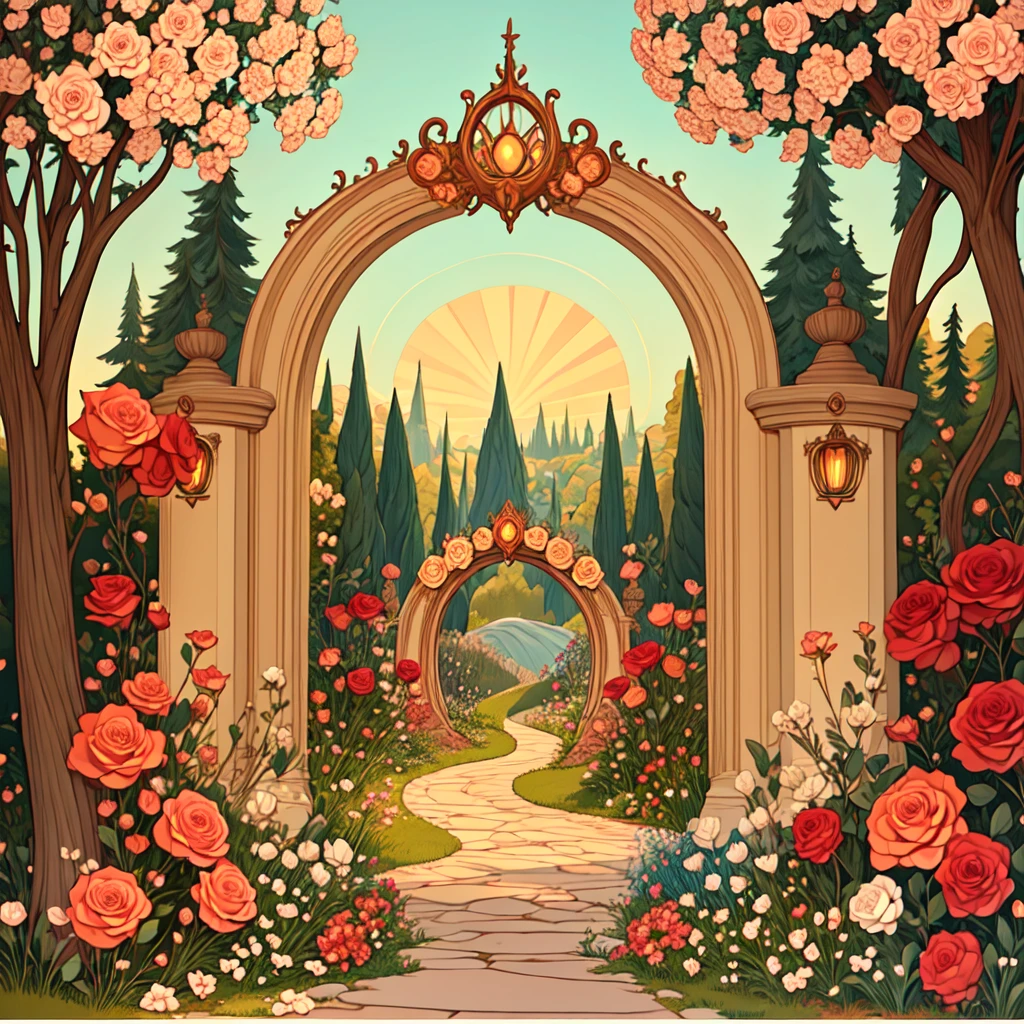 <lora:Disney_Nouveau:1> ArsMJStyle,Disney Nouveau, The image shows an archway in the middle of a garden with roses growing on it surrounded by trees plants flowers and a path. In the background there are hills and a clear blue sky., no humans, flower, tree, red flower, scenery, rose, outdoors, bush, red rose, arch