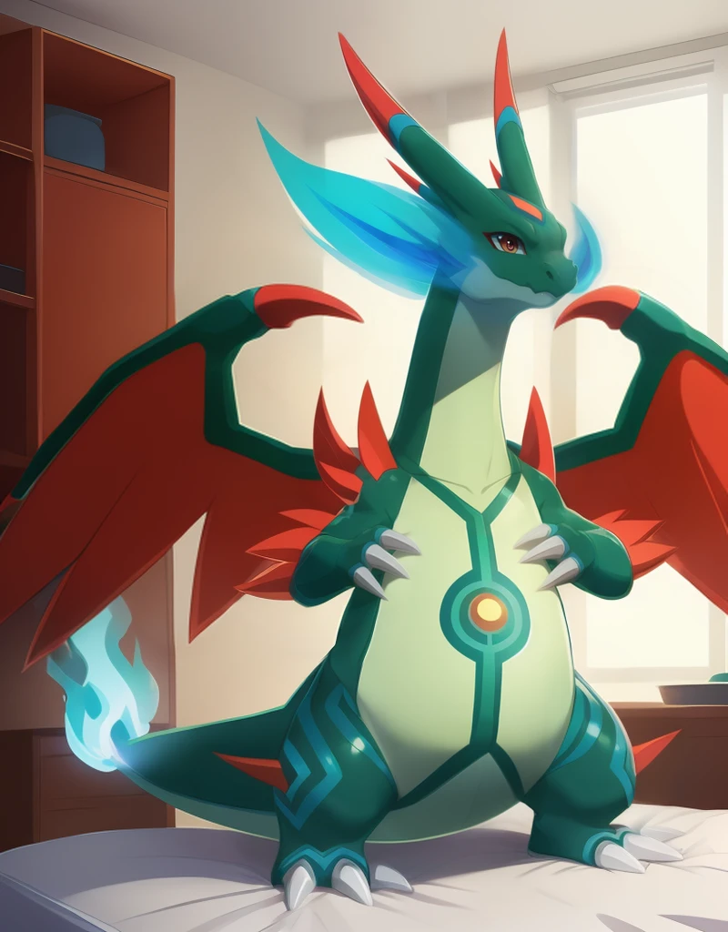 (((detailed eyes, detailed face))), (feral, (shiny megacharizardx2 <lora:character_charizard_megax2_findigo_v2:1>, charizard, (green skin, green belly, red wings)), claws, 3 fingers, red shoulder horn, red horn, red eyes), male, (solo), (plump), (sfw), standing, smile, (front view) BREAK (by Victo Ngai, by Snowskau, by Victo Ngai), bedroom, (flat shading, flat color, high brightness), 8k, UHD, masterpiece, (full body), (blue flame)