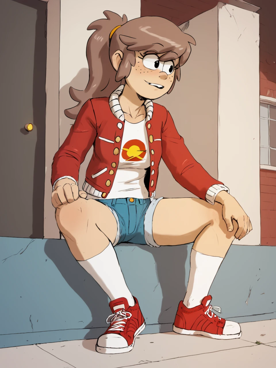 score_9, score_8_up, score_7_up, BREAK,  L4cyL0ud, 1girl, solo, long hair, brown hair, ponytail, freckles, white shirt, red jacket, denim shorts, white socks, red sneakers,  <lora:Lacy_Loud:1>