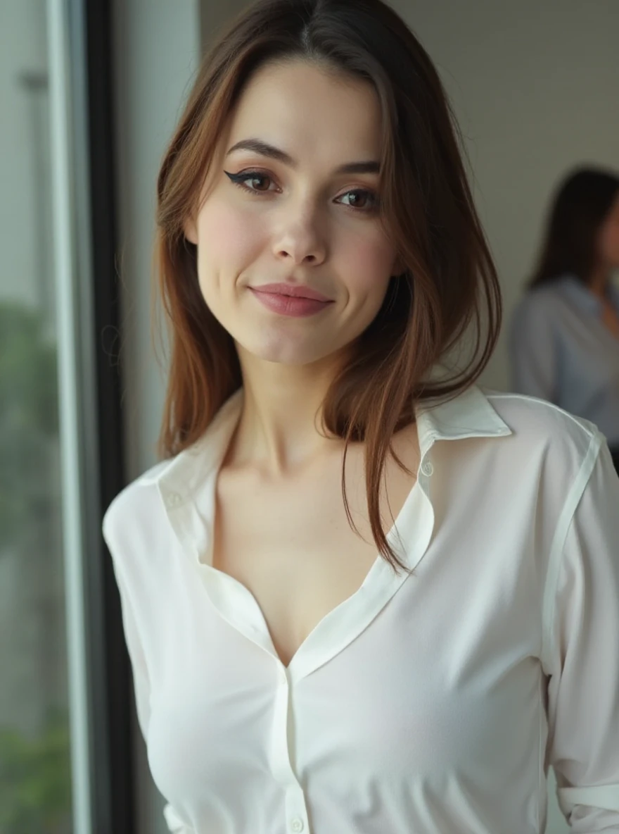 ..RAW, analogique, Nikon Z 85mm,((Best quality)), ((Masterpiece)), ((Realstic)),image vintage, magnifique femme sicilienne, 18 ans, posant dans un bureau en jupe noire, Porter une chemise de bureau blanche petite en qatin , Grand sourire avec des dents visibles, (Rousseur:0.6), Intricate details, highly detailed, mise au point nette, professionnel, 4K, Rayons divins, mains dans le dos, Superbes yeux bleus, petite, high resolucion, Detailed facial features, High detail, mise au point nette, lisse, Extremely detailed, photo_\(ultra\), photoreallistic, bas, Realstic, Post-traitement, max detail, roughness, real life, ultra realist, photorealism, 8K UHD, SEMI-SILHOUETTE light, visage italien. moyenne poitrine, Sinueuse, Chiffre de sablier, chemise, Chemise de bureau, pose debout, chemise de bureau blanche, Satin, soie
