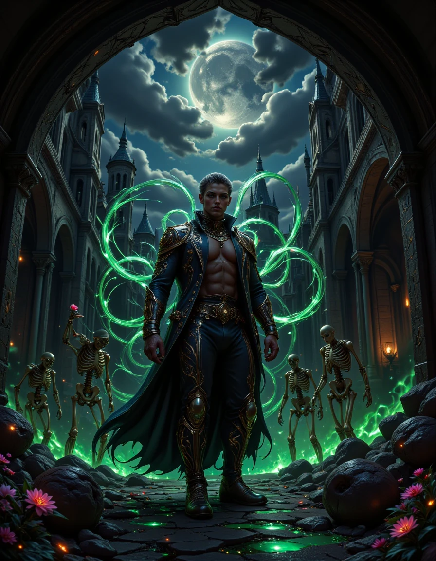 Brooding necromancer with shadowy tendrils swirling around, surrounded by animated skeletons, in a decrepit castle chamber lit by eerie green flames, Magic Dream aesthetic, ominous atmosphere, detailed textures, dramatic lighting
 <lora:magic-dream:0.5> md0924, magic, anna stokes, boris vallejo, alphonse mucha, sky with clouds and moon, flowers, swirl magic
 <lora:flux_enchanter_v1:0.75>