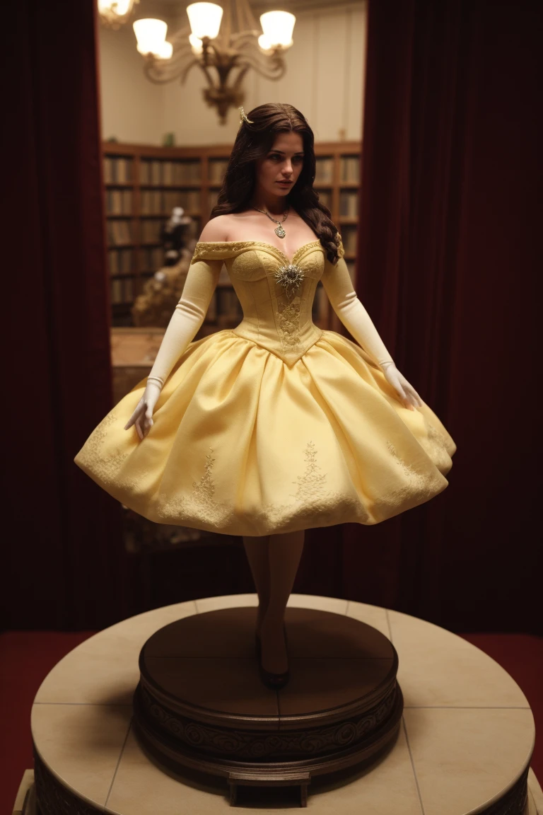 cinematic still , photo  ,  (best quality), (masterpiece), (realistic), (intricate), <lora:PVCStatuesQuiron_v09i01e25t05_Lora:1> pvcstatuesQuiron, Belle (Beauty and the Beast): Belle's yellow ball gown, rose, and love for books make her a beloved Disney princess choice for cosplayers., . emotional, harmonious, vignette, highly detailed, high budget, bokeh, cinemascope, moody, epic, gorgeous, film grain, grainy