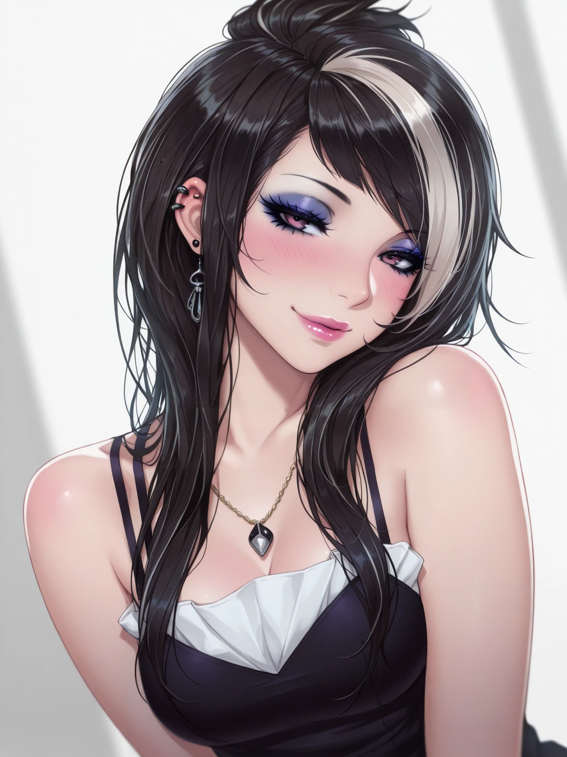 Masterpiece,best quality,1girl,long hair,solo,portrait,dutch angle,looking at viewer,blushing,seductive smile,
with a edgScene hairstyle,black hair, dress, bare shoulders, jewelry, streaked hair,multicolored hair, necklace, lips, makeup, piercing, eyeshadow,
<lora:edgSceneILS:0.75>