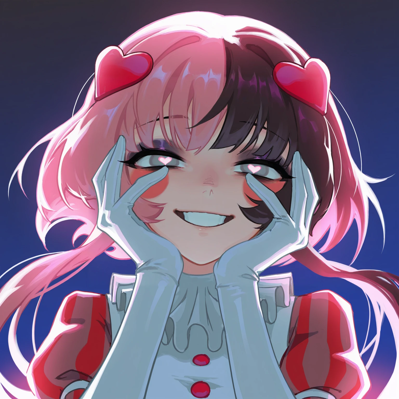 masterpiece, best quality, amazing quality, very aesthetic, absurdres, newest, 
yandere trance, portrait, crazy grin, hands on own cheeks, hands on own face, looking at viewer, yandere, crazy eyes, 
<lora:Maf_VK_sticker_char-000041:1>
ÐÐ°Ð»ÐµÐ½ÑÐ¸Ð½ÐºÐ°_ÐÐ°Ñ, 1girl, white gloves, grey eyes, symbol-shaped pupils, blush stickers, heart-shaped pupils, split-color hair, half pink half black color hair, eyeshadow, heart hair ornament, ruffled collar, striped sleeves, solo, dress, low twintails, puffy short sleeves, elbow gloves, short sleeves, white pantyhose, cross-laced footwear, platform footwear, white vest, black frilled skirt,
masterpiece, best quality, amazing quality, very aesthetic, absurdres, newest, (snegovski:0.855), (mamimi \(mamamimi\):0.8),[(dino \(dinoartforame\):1.2),niri \(eunhaha02\),(nyong nyong:0.8),(nat the lich:1.2)]