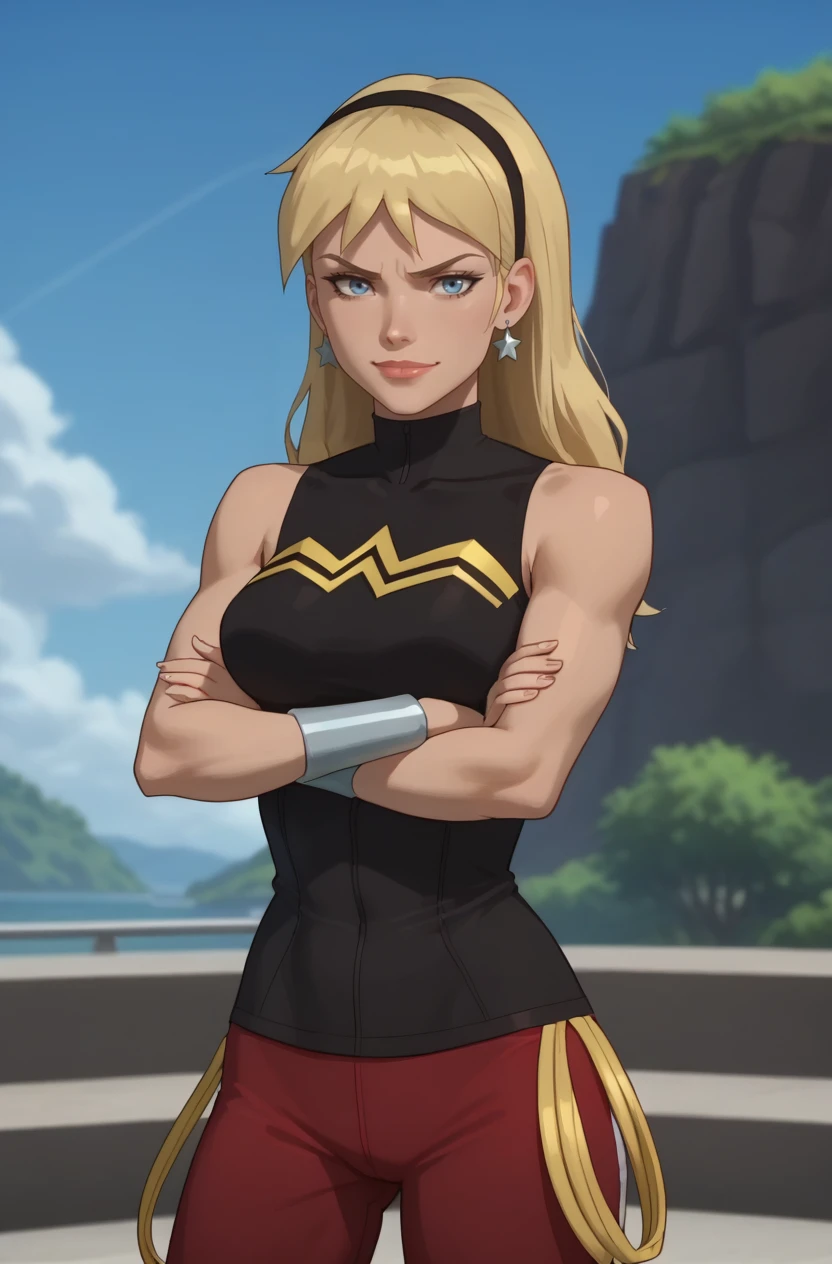 score_9, score_8_up, score_7_up, score_6_up, masterpiece, high quality, perfect face, perfect eyes, Cassie, 1girl, blonde hair, long hair, blue eyes, black hairband, black turtleneck, sleeveless, earrings, bracers, track pants, sneakers, red pants, jewelry, breasts, bare shoulders, cowboy shot, hands on own hips, crossed arms, arms crossed, smug, smirk
 <lora:YJCassie-120reps:1>