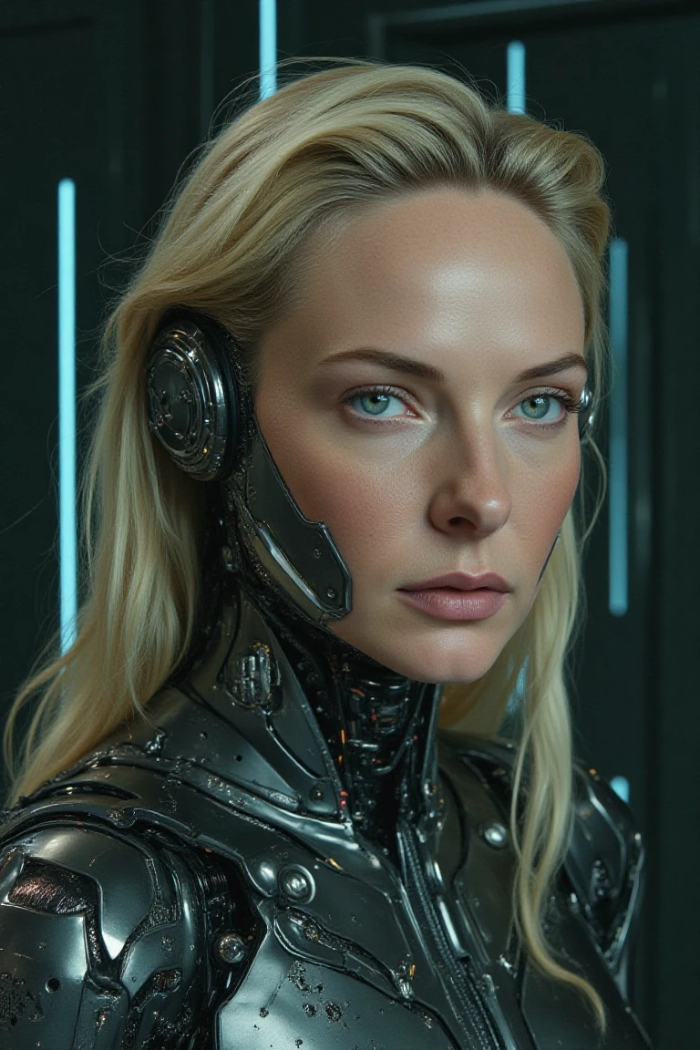 A highly detailed, realistic photo of a cybernetic woman. Her face is a seamless blend of human beauty and advanced technology, with metallic plates and glowing, intricate circuits integrated into her skin. Her eyes are striking that conveys intelligence and mystery. Delicate wires and biomechanical elements weave through her blonde hair, styled sleekly to enhance her futuristic appearance. Her expression is confident and serene, emphasizing her humanity despite her cybernetic enhancements. The background is minimal and dark, with subtle futuristic light patterns, drawing full attention to the intricate details of her face and design. The overall image is hyper-realistic, with fine textures, soft lighting, and a cinematic atmosphere.