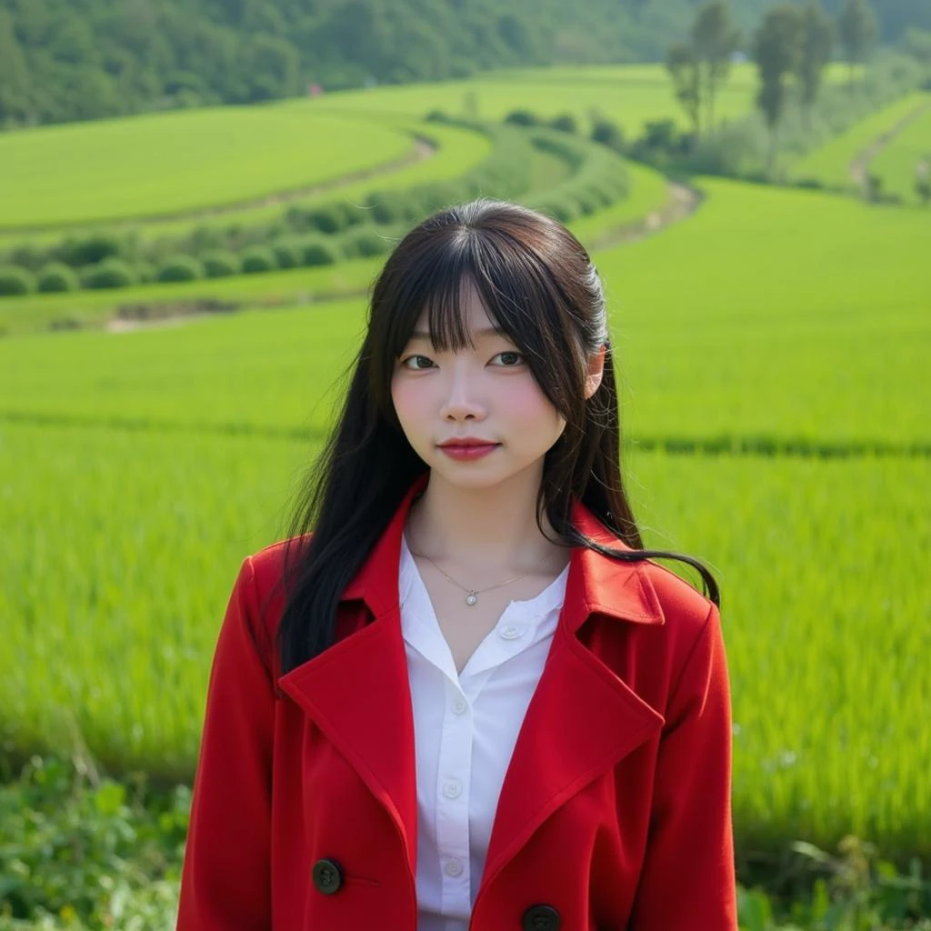 s_uaang \(person\), @s_uaang, Photo of a woman with black hair, wearing a red trench coat over a white shirt, standing in a lush green field with terraced fields in the background. She has a neutral expression and is looking directly at the camera. The lighting is soft and natural, casting gentle shadows on her face and body. The image has a high-quality, realistic style with a focus on texture and detail. The woman is positioned in the center of the frame, with the field stretching out behind her.