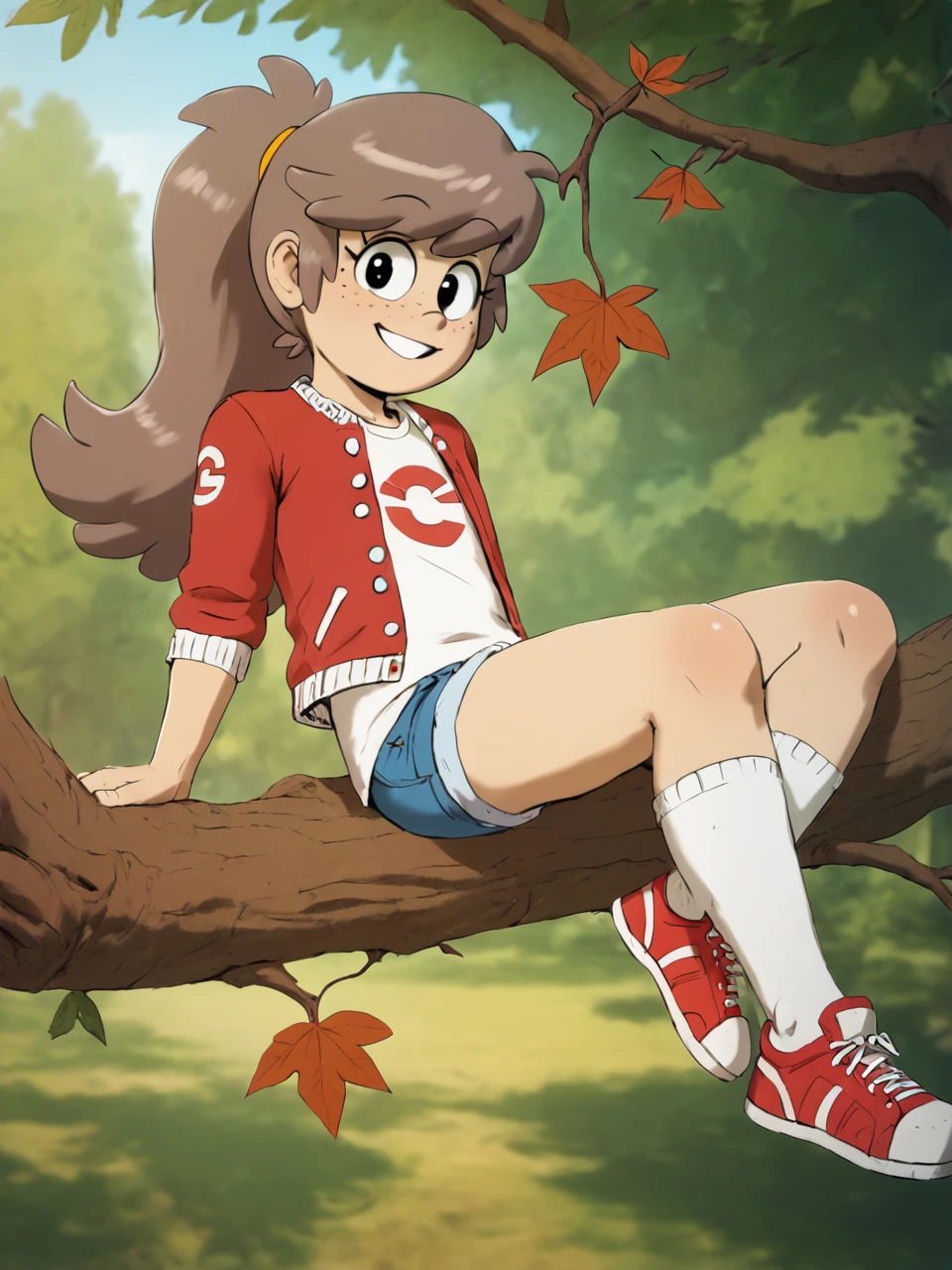 score_9, score_8_up, score_7_up, BREAK,  L4cyL0ud, 1girl, solo, child, long hair, brown hair, ponytail, freckles, white shirt, red jacket, denim shorts, white socks, red sneakers,  smile, looking at viewer, big tree, tree branch, sitting on a tree branch, canopy, leaves  <lora:Lacy_Loud:1>